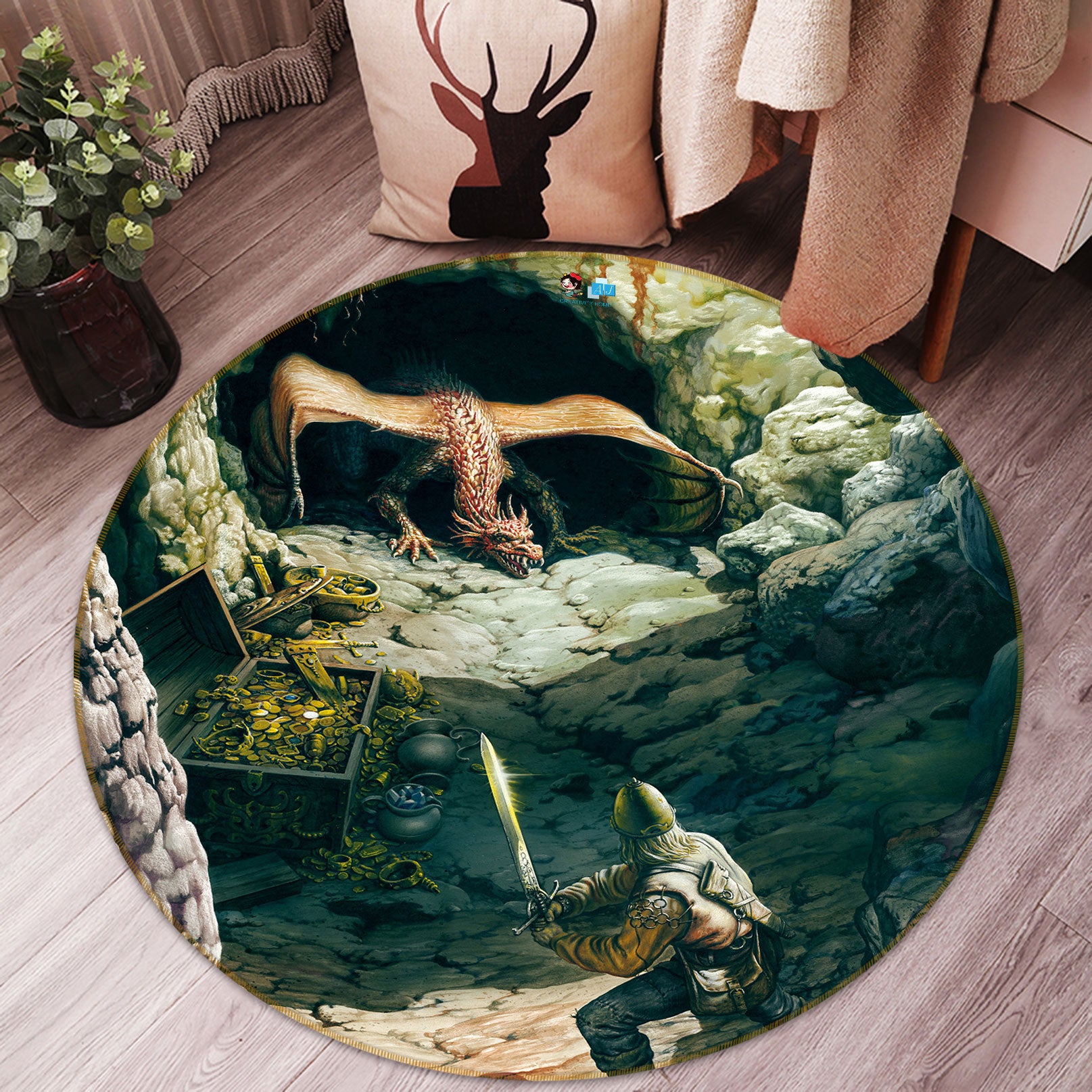 3D Stone Cave Dragon Soldier 6064 Ciruelo Rug Round Non Slip Rug Mat