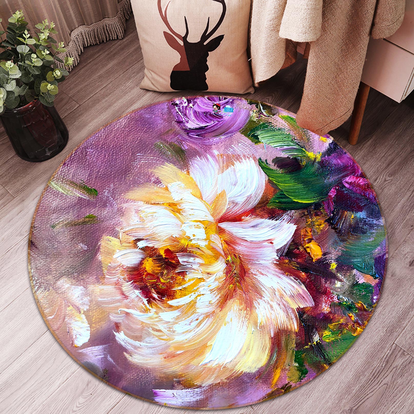 3D Painted Flowers 802 Skromova Marina Rug Round Non Slip Rug Mat