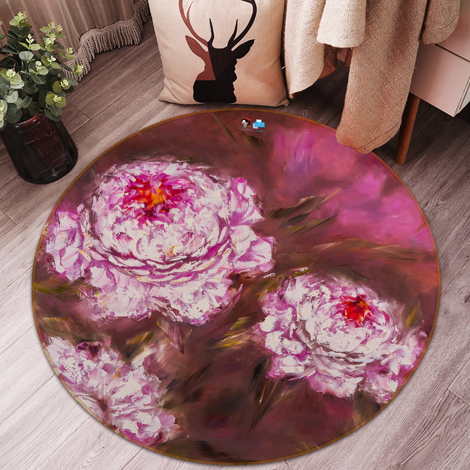 3D Pink Flower 741 Skromova Marina Rug Round Non Slip Rug Mat