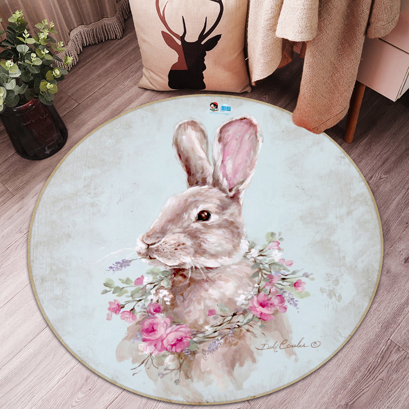 3D Wreath Bunny 1144 Debi Coules Rug Round Non Slip Rug Mat