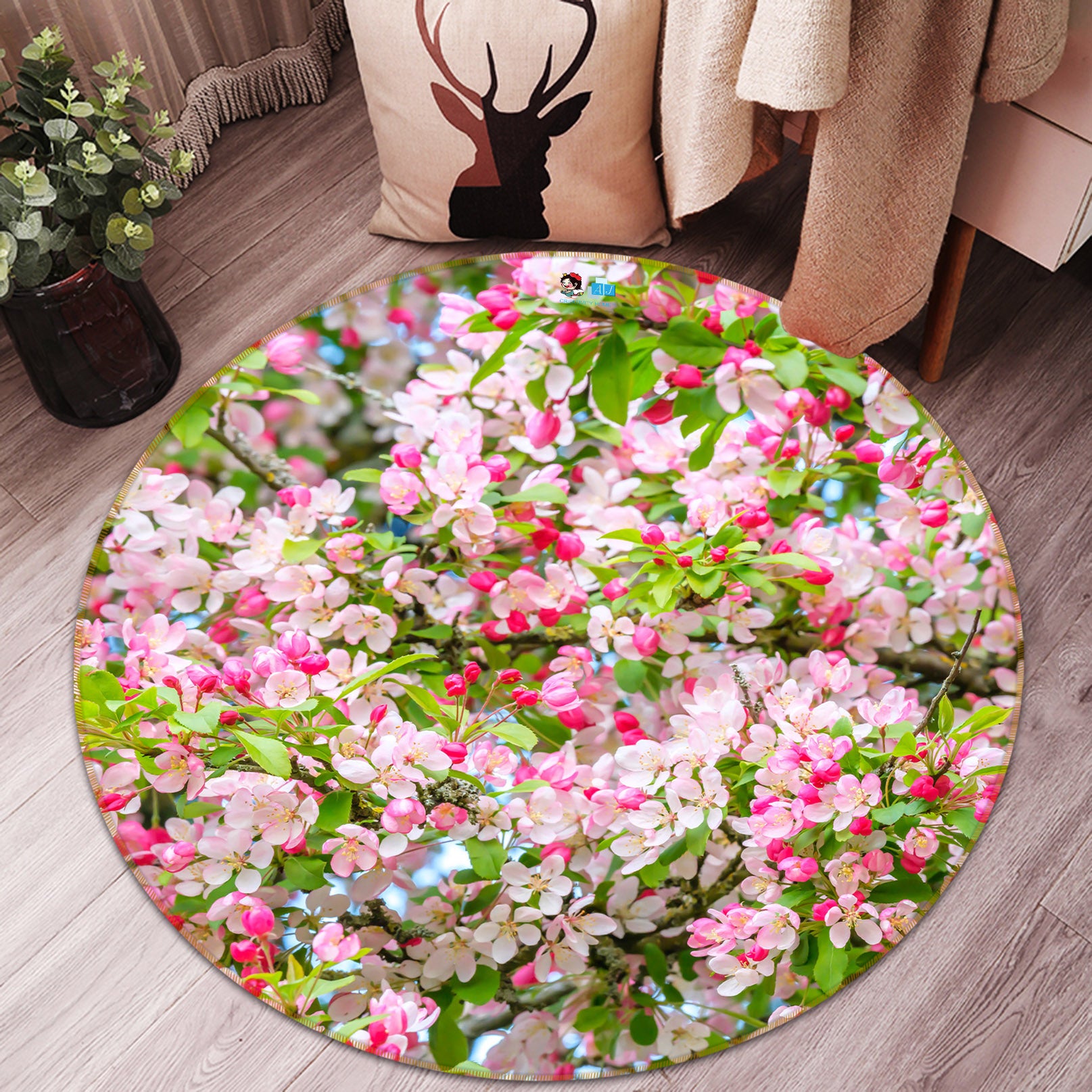 3D Pink Peach Blossom 7392 Assaf Frank Rug Round Non Slip Rug Mat