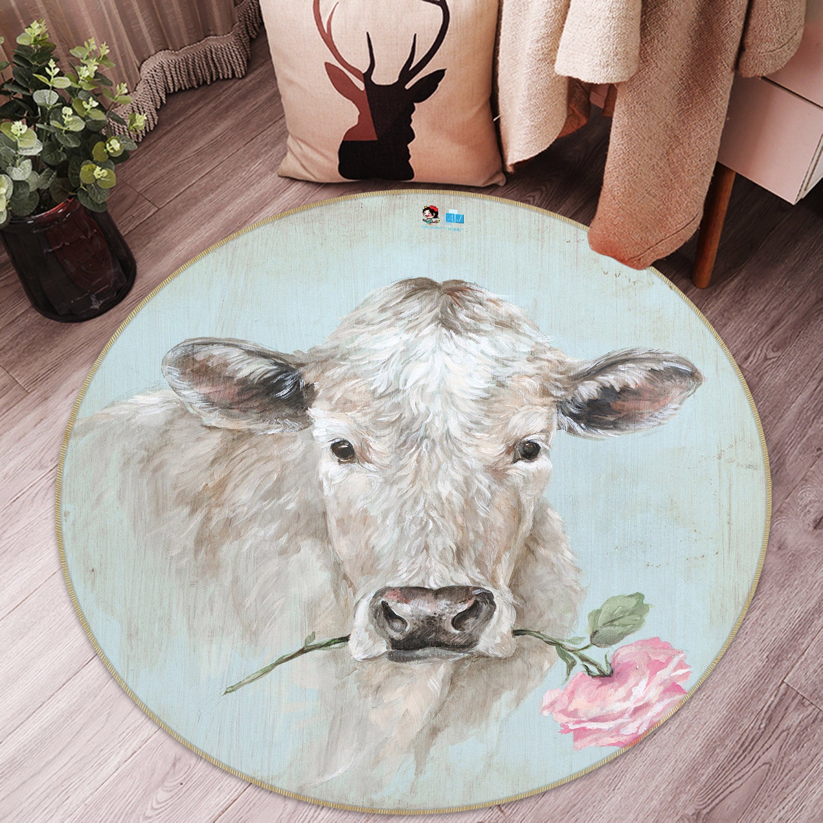 3D Flower Pink Cattle 2012 Debi Coules Rug Round Non Slip Rug Mat