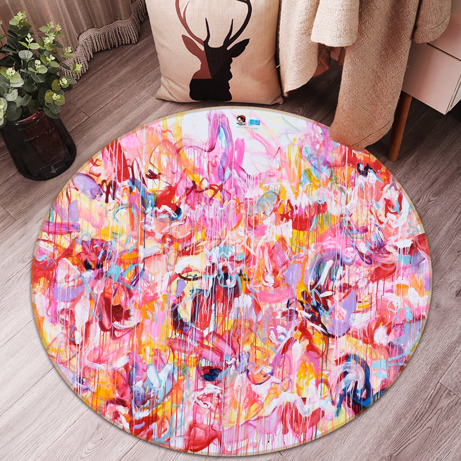 3D Pink Watercolor 1366 Misako Chida Rug Round Non Slip Rug Mat