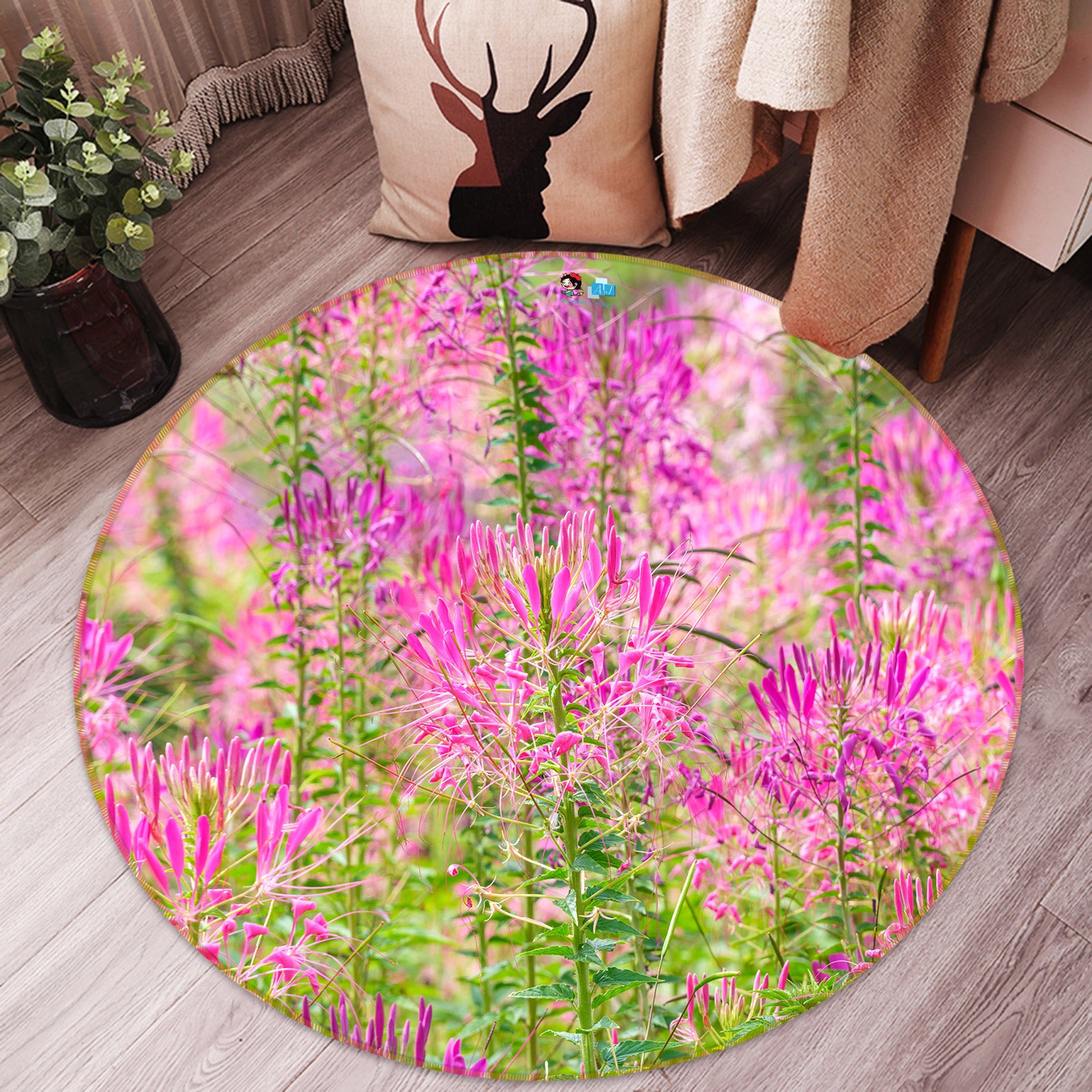 3D Pink Flowers 7567 Assaf Frank Rug Round Non Slip Rug Mat