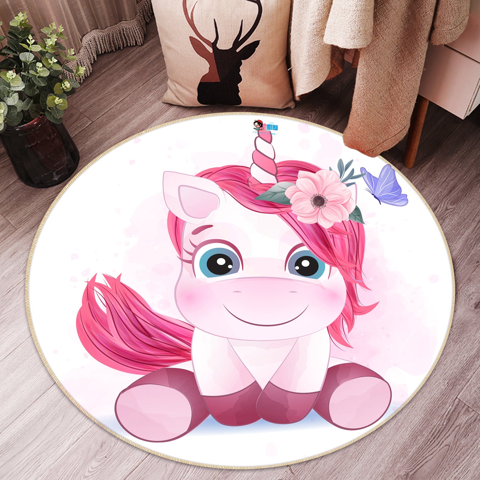 3D Pink Unicorn 74228 Round Non Slip Rug Mat