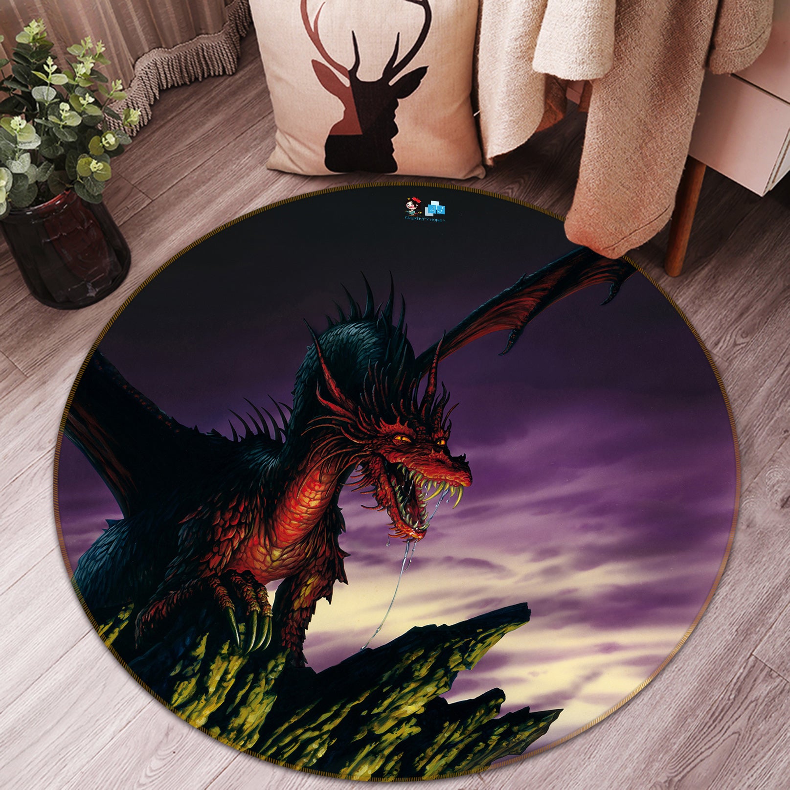 3D Red Dragon Mountain 6070 Ciruelo Rug Round Non Slip Rug Mat