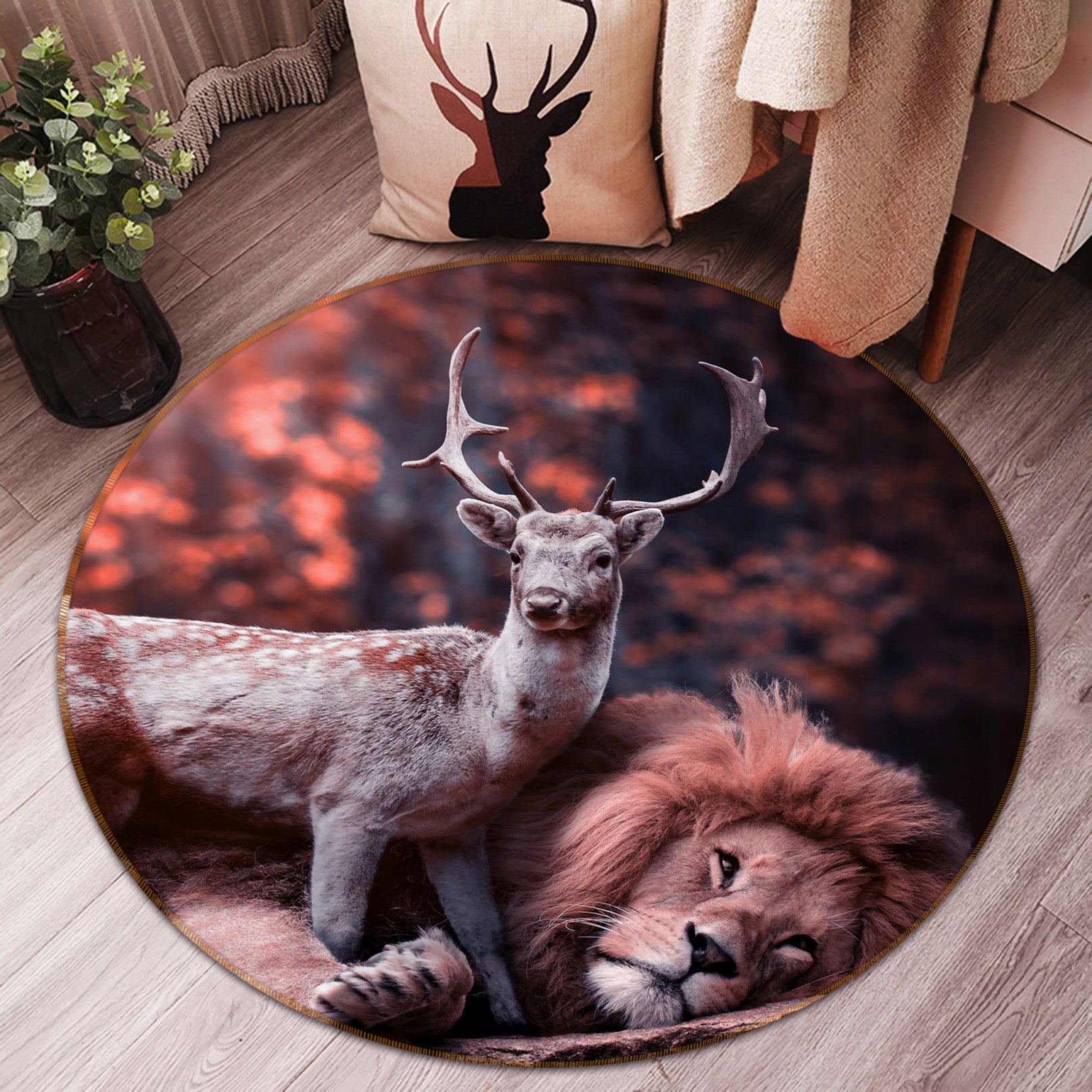 3D Deer Lion 82002 Animal Round Non Slip Rug Mat