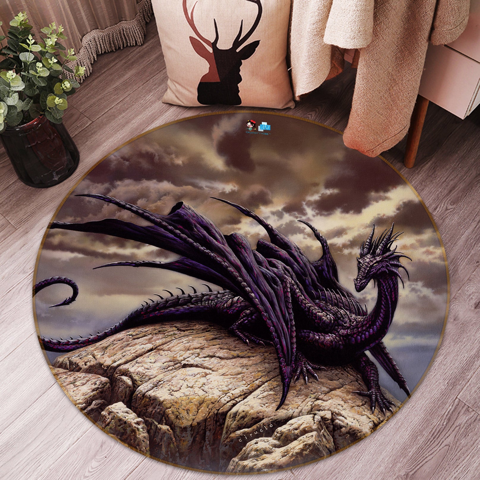 3D Stone Dragon 6085 Ciruelo Rug Round Non Slip Rug Mat