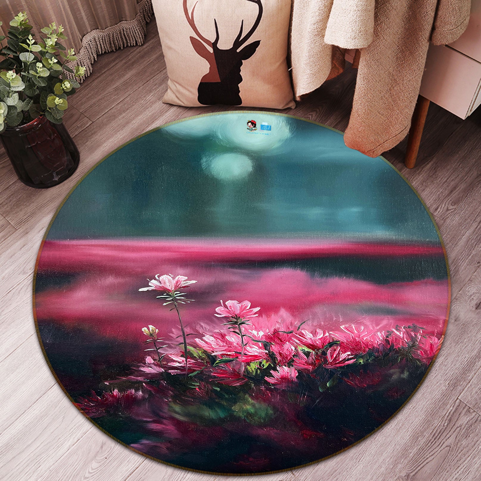 3D Pink Floral Flower Bush 9722 Marina Zotova Rug Round Non Slip Rug Mat