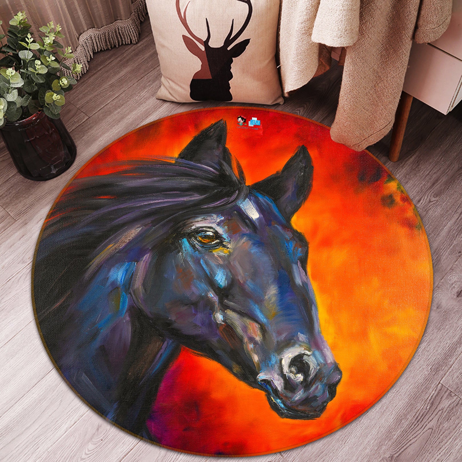 3D Black Horse 722 Skromova Marina Rug Round Non Slip Rug Mat