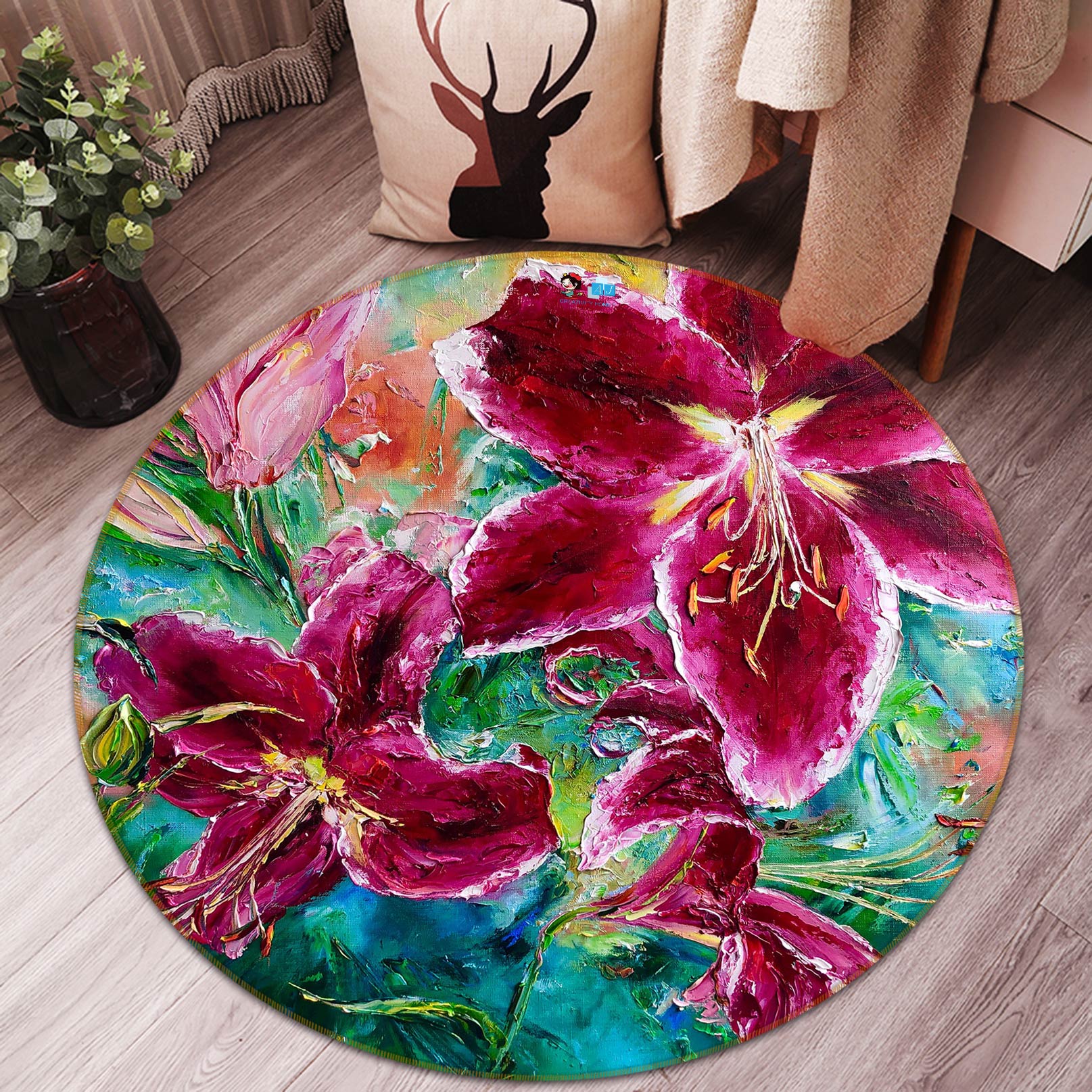 3D Rose Red Lily 797 Skromova Marina Rug Round Non Slip Rug Mat