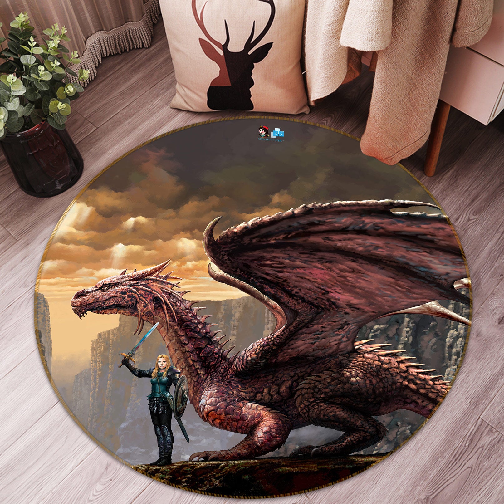 3D Dragon Shield Soldier 6098 Ciruelo Rug Round Non Slip Rug Mat