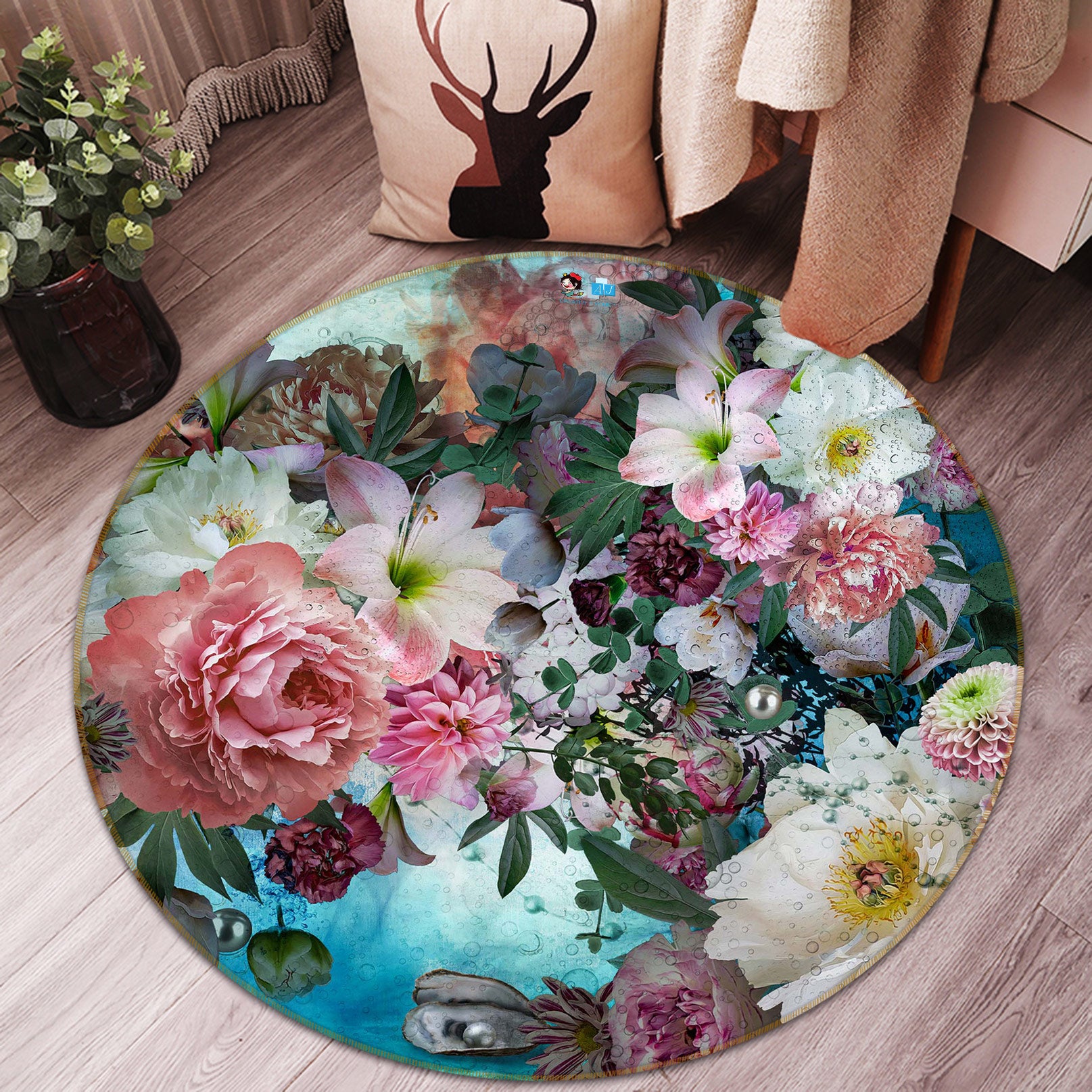 3D Peony Lily 5003 Beth Sheridan Rug Round Non Slip Rug Mat