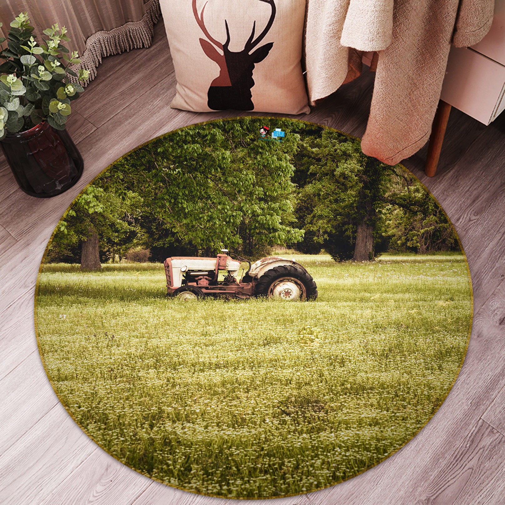 3D Lawn Mower 5002 Beth Sheridan Rug Round Non Slip Rug Mat