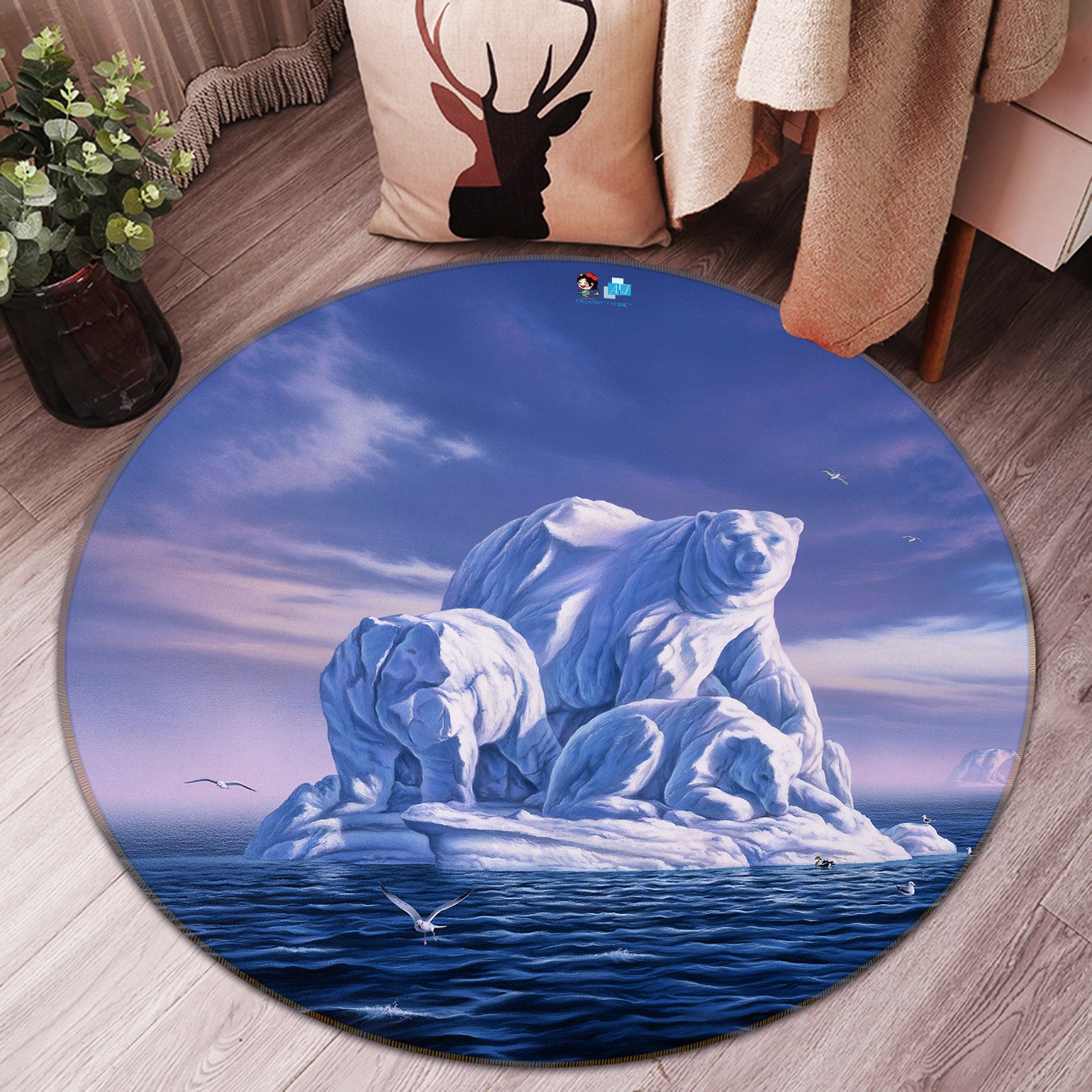 3D Polar Bear Snow Sculpture 83135 Jerry LoFaro Rug Round Non Slip Rug Mat