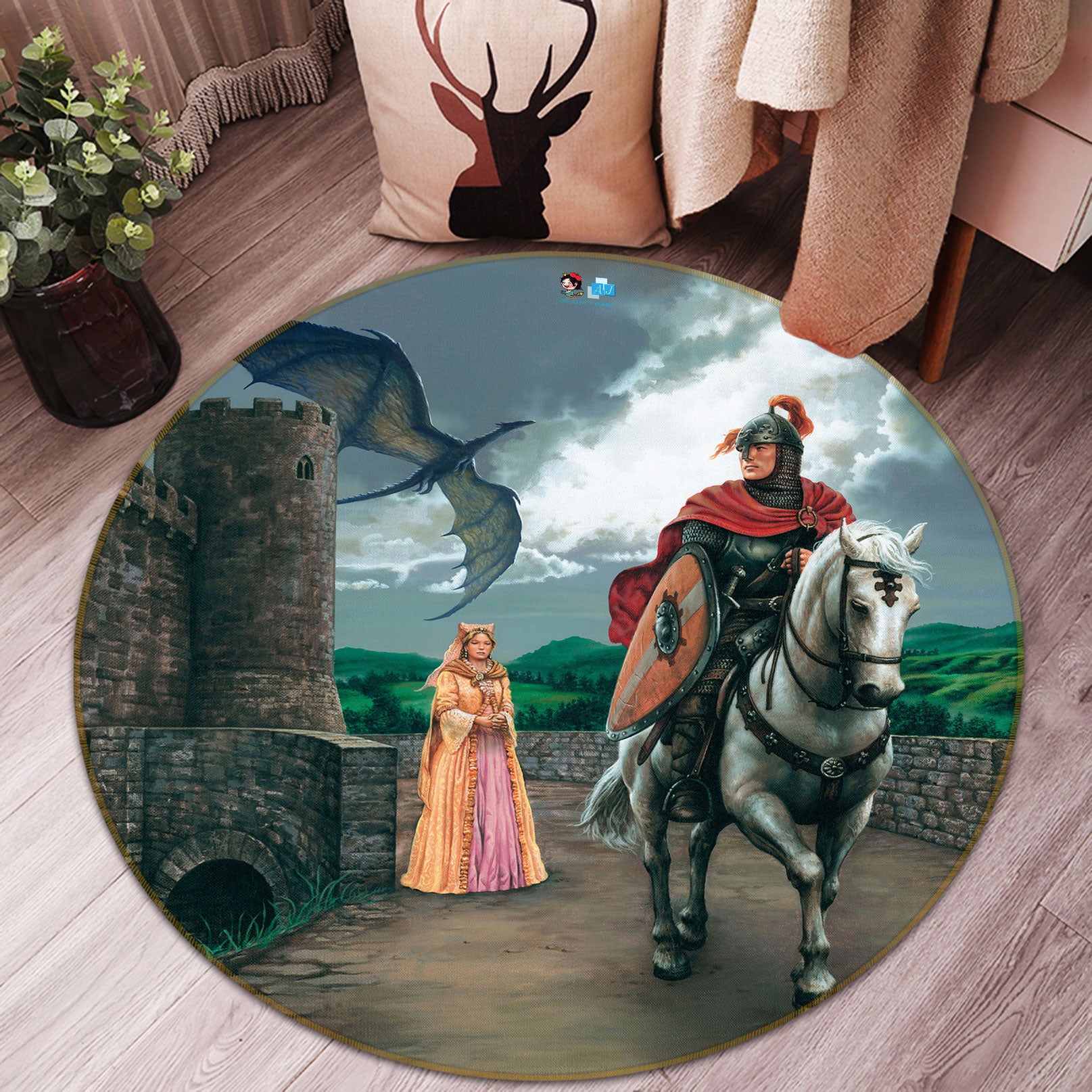 3D Knight Horse Princess 6080 Ciruelo Rug Round Non Slip Rug Mat