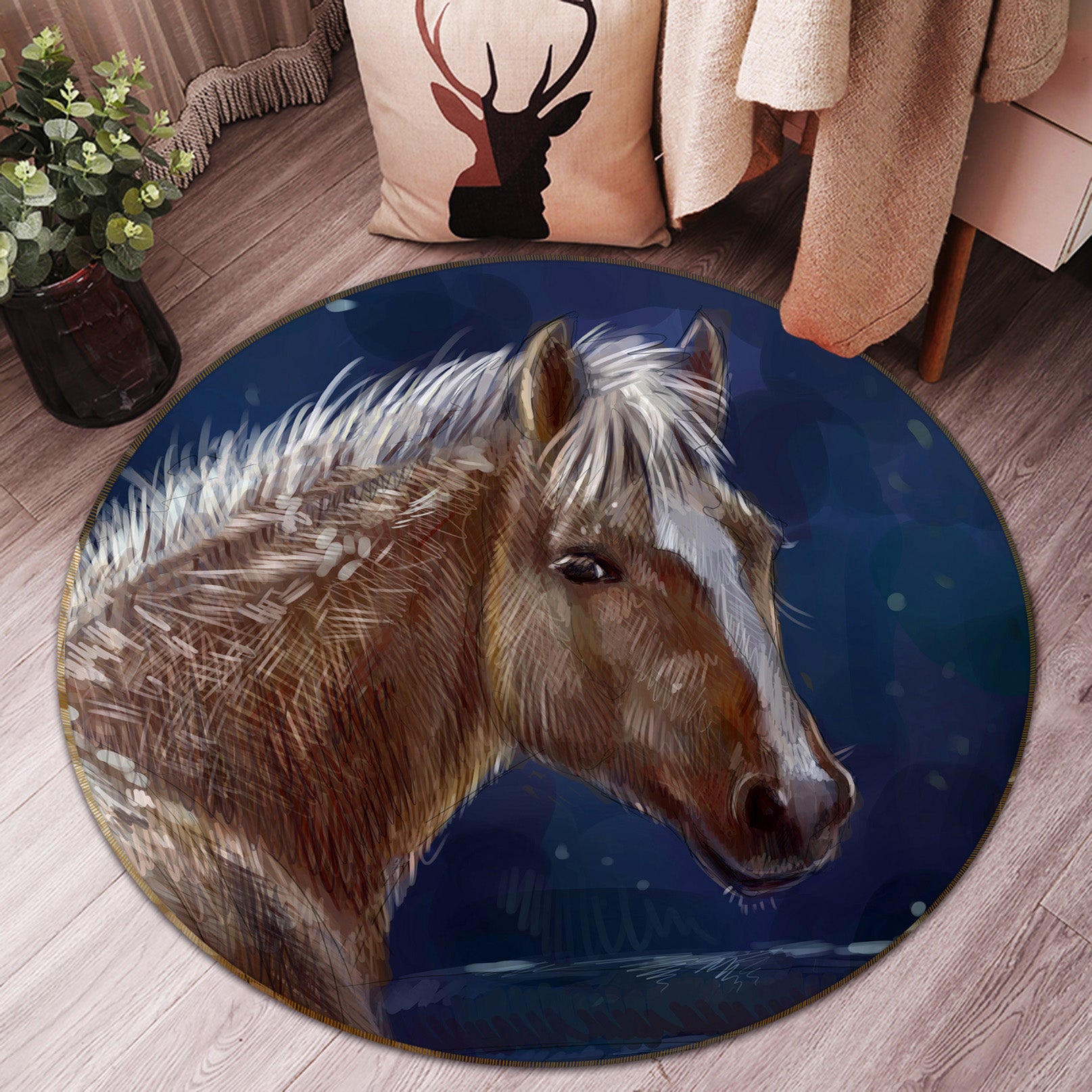 3D Brown Horse 37157 Animal Round Non Slip Rug Mat