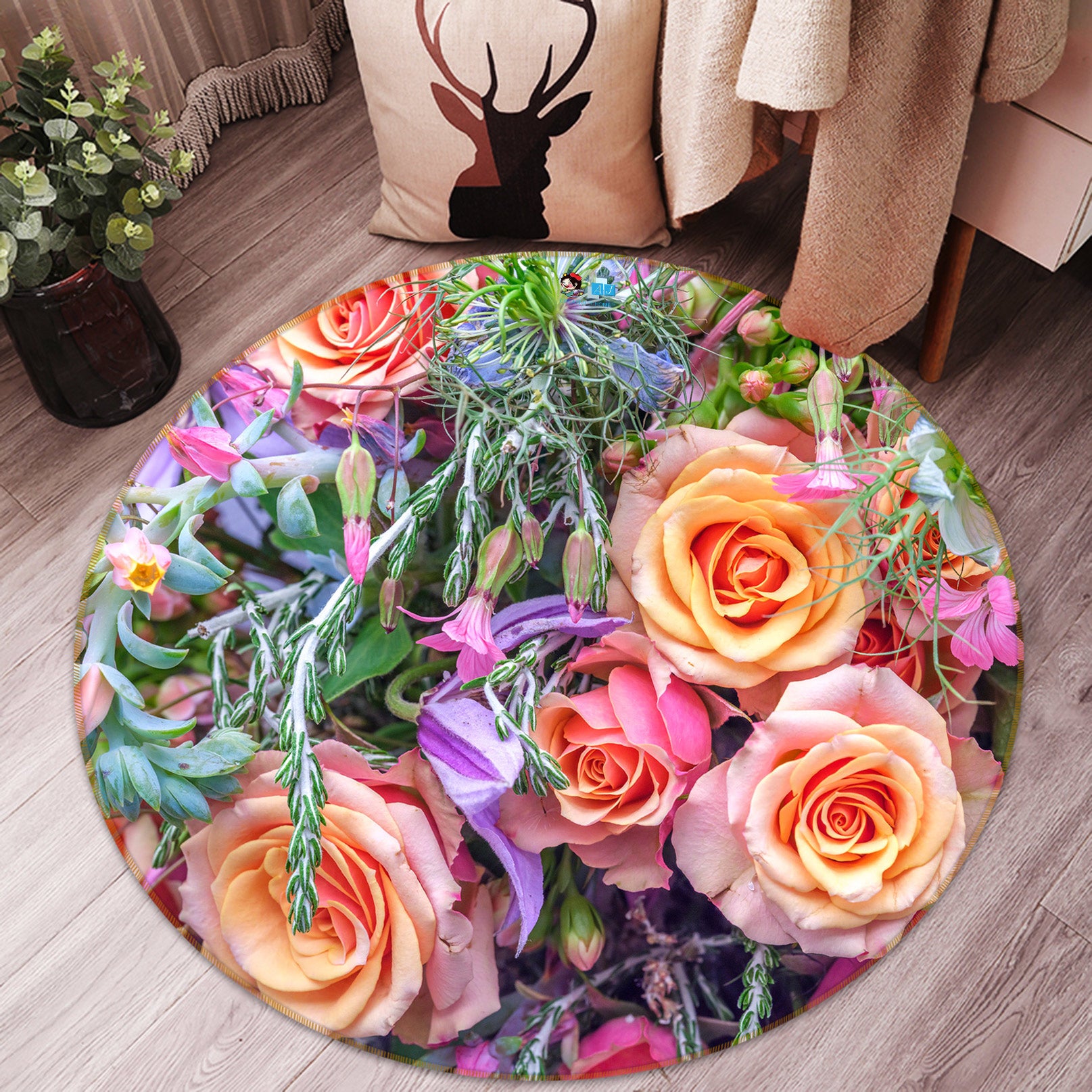 3D Bright Rose 7569 Assaf Frank Rug Round Non Slip Rug Mat