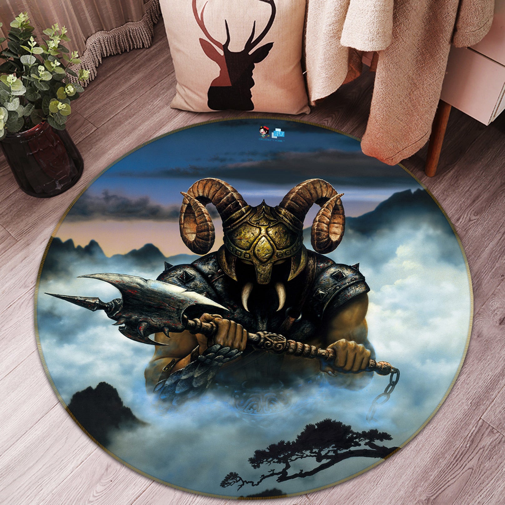 3D Bull Demon 454 Ciruelo Rug Round Non Slip Rug Mat