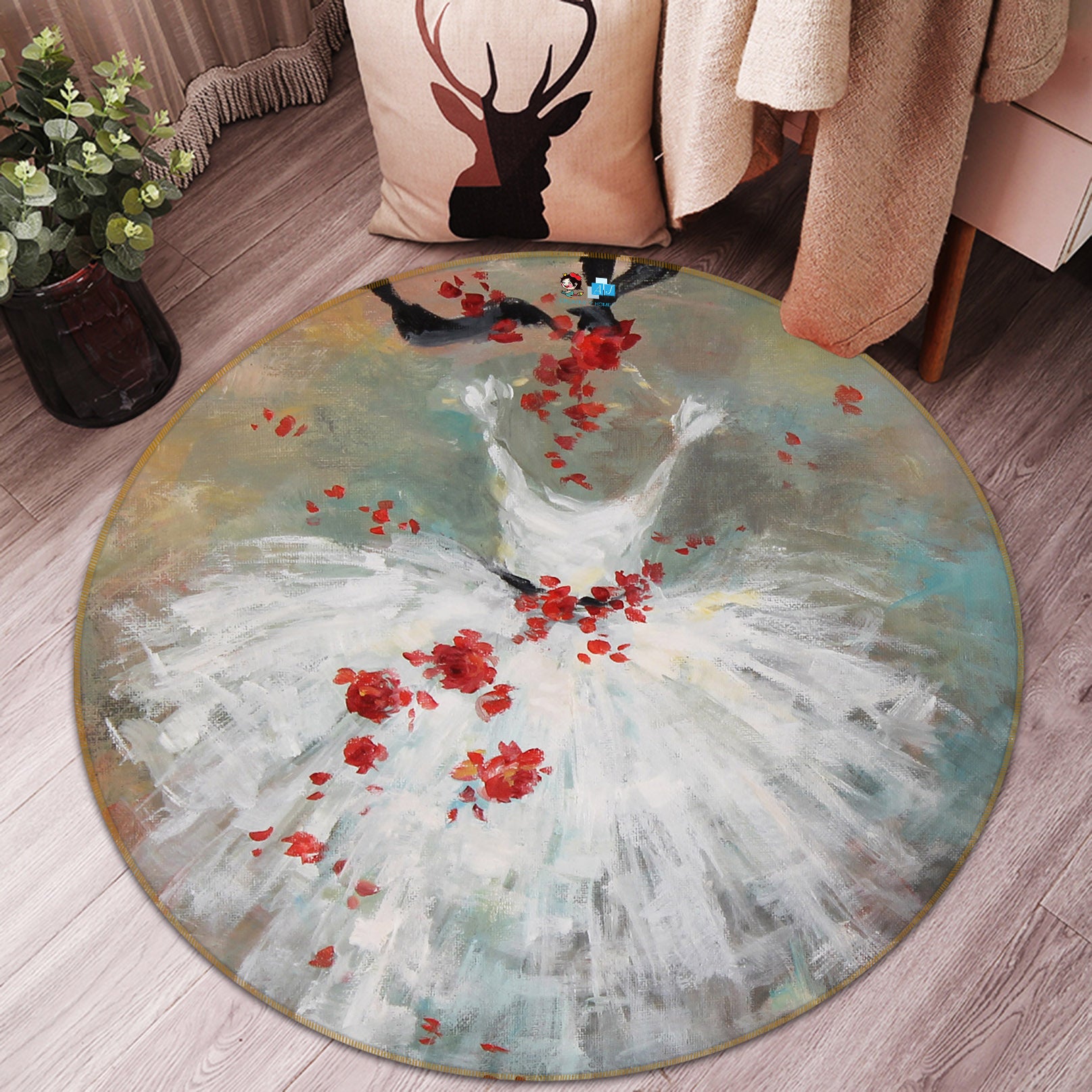 3D Red Petals White Dress 1113 Debi Coules Rug Round Non Slip Rug Mat