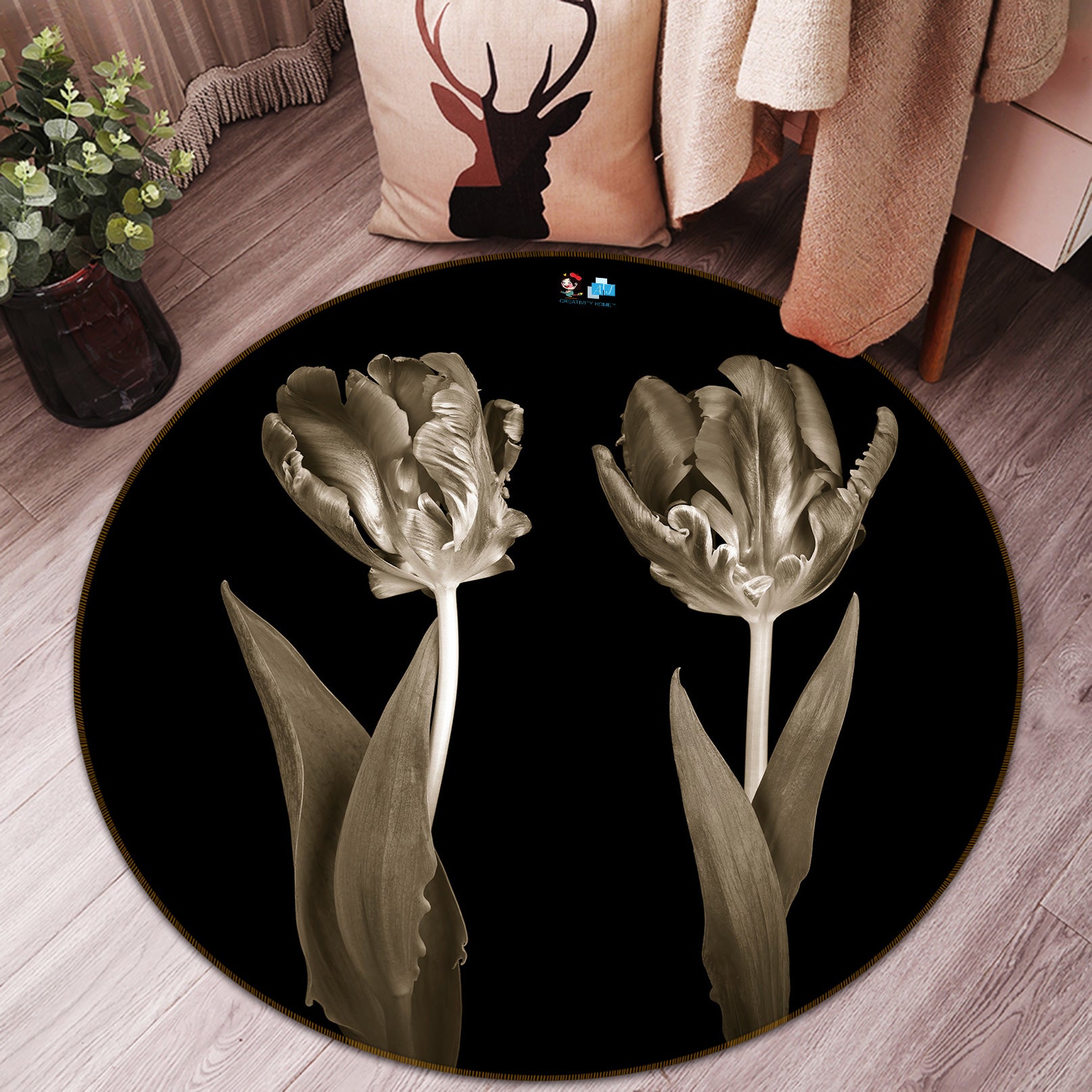 3D Elegant Flower 7505 Assaf Frank Rug Round Non Slip Rug Mat