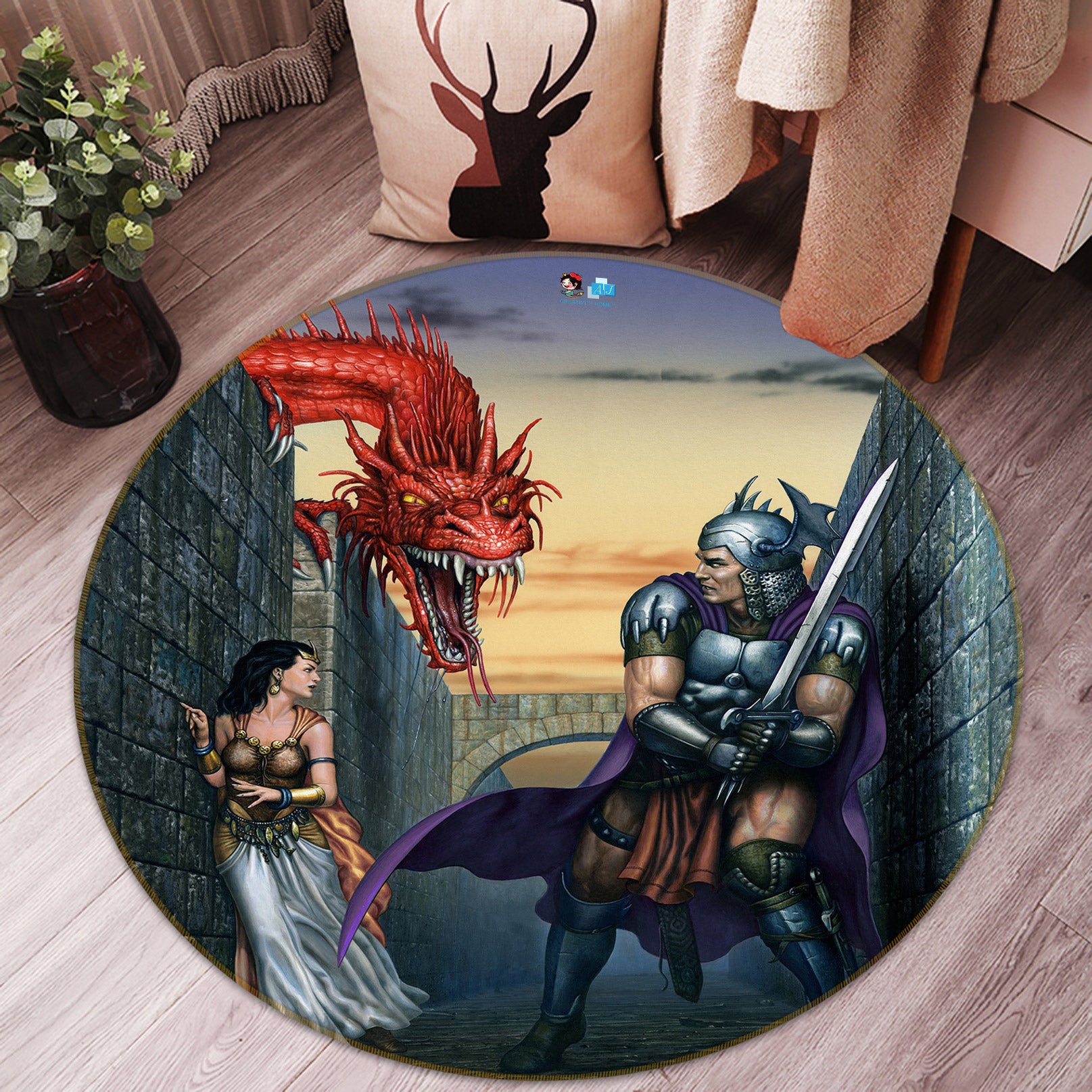 3D Red Dragon Soldier Woman 6072 Ciruelo Rug Round Non Slip Rug Mat