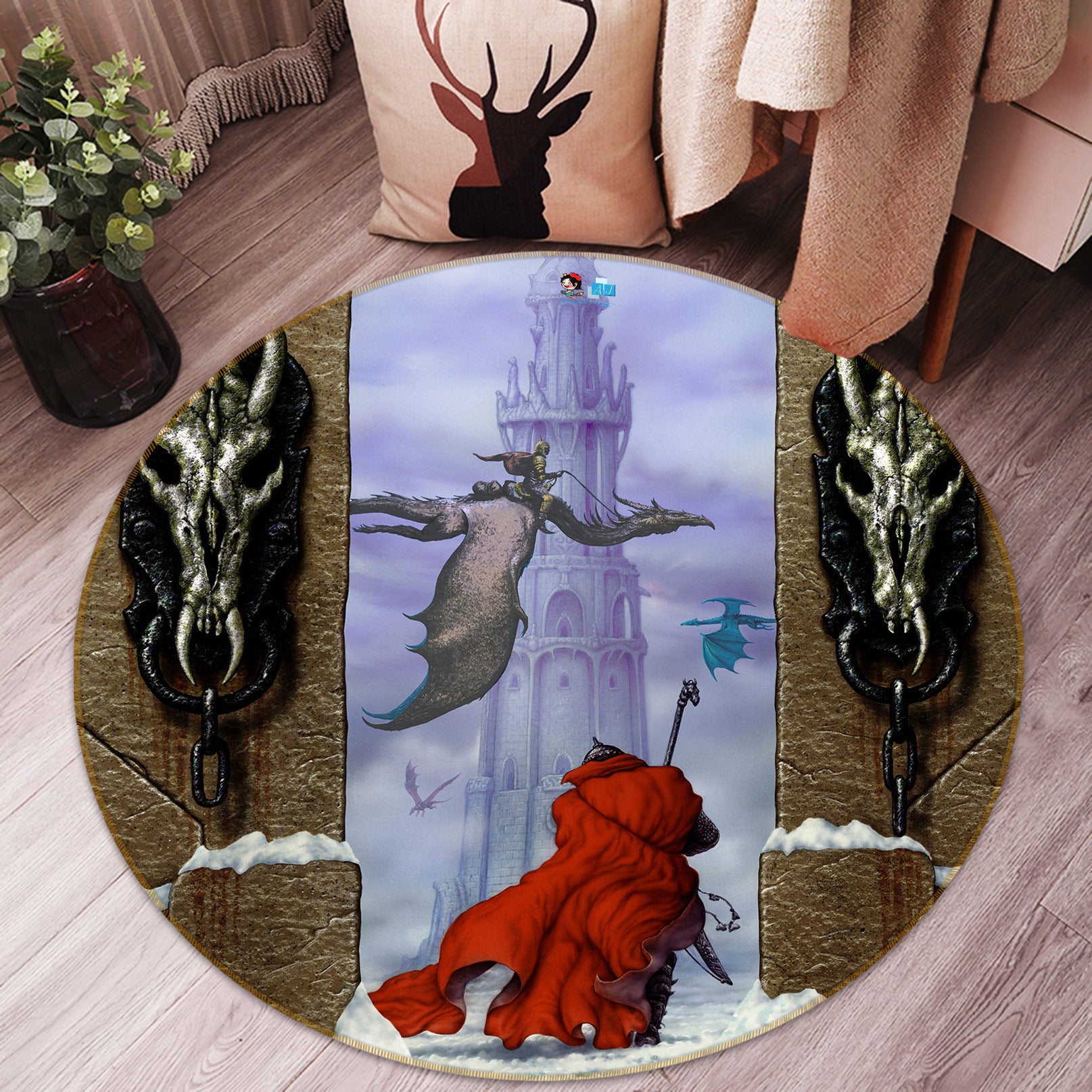 3D Castle Gate Red Robe Dragon 6057 Ciruelo Rug Round Non Slip Rug Mat