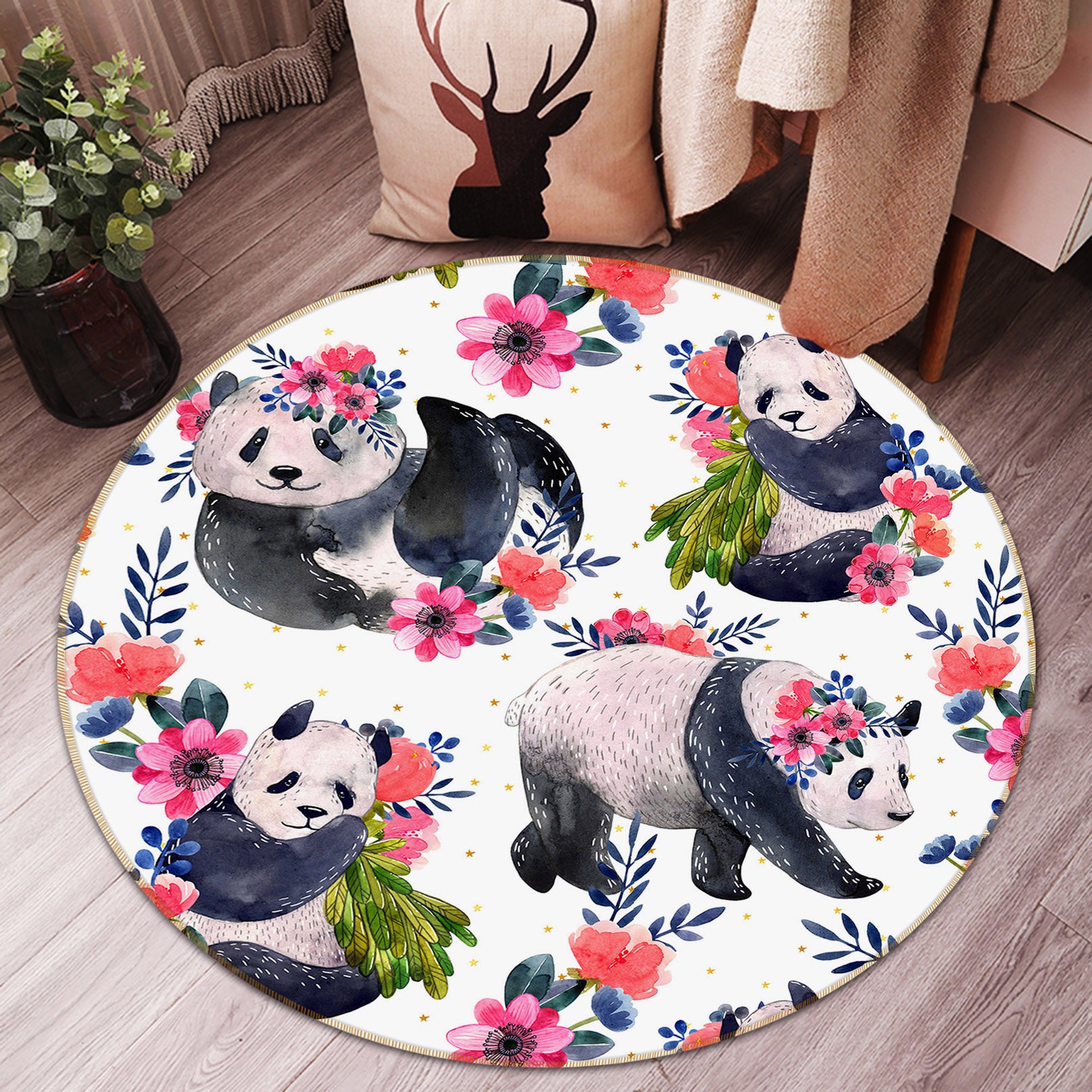 3D Flower Panda Pattern 82036 Animal Round Non Slip Rug Mat