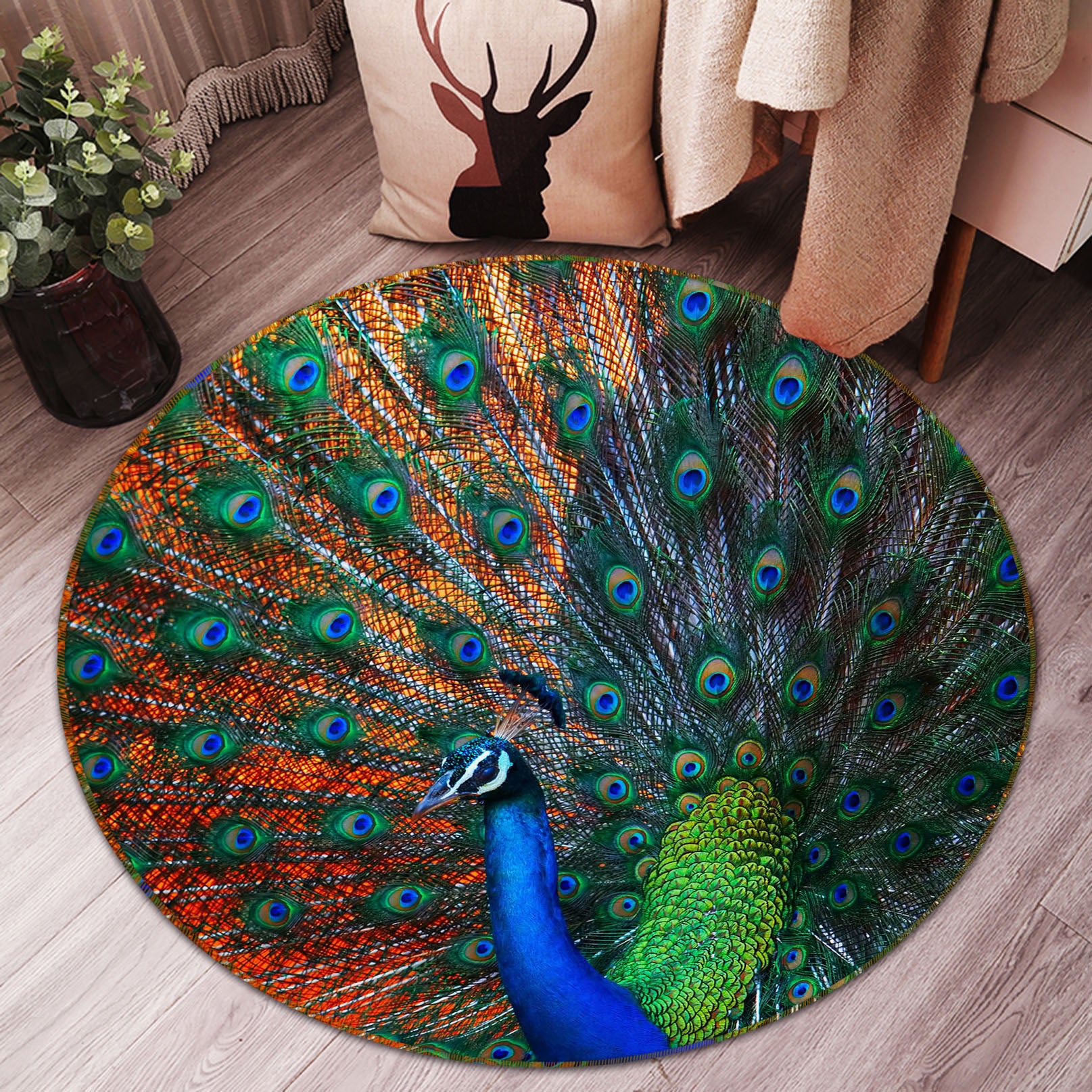 3D Peacock 37204 Animal Round Non Slip Rug Mat