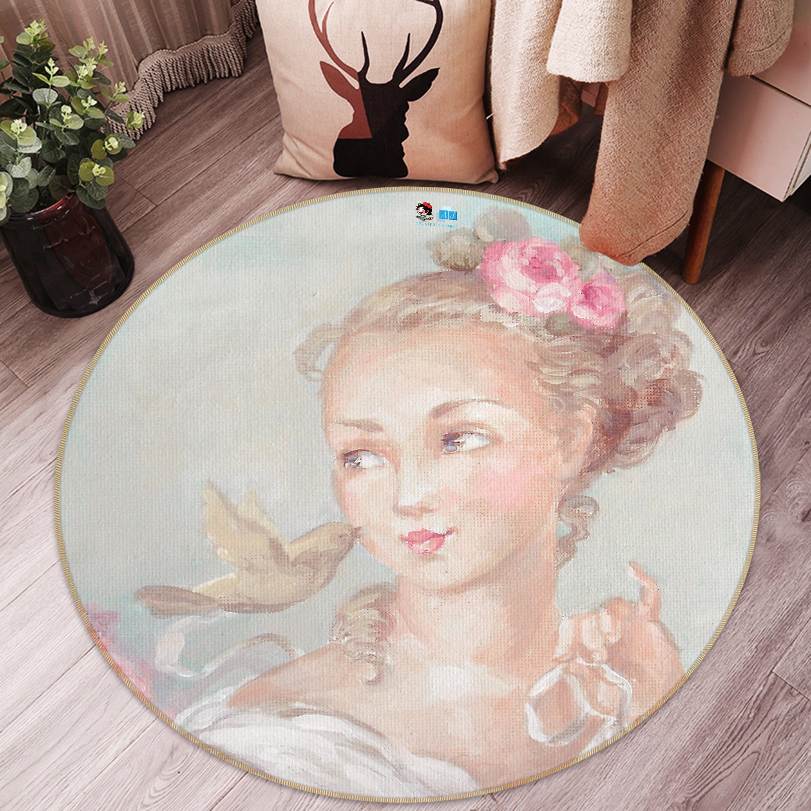 3D Flower Girl 1159 Debi Coules Rug Round Non Slip Rug Mat