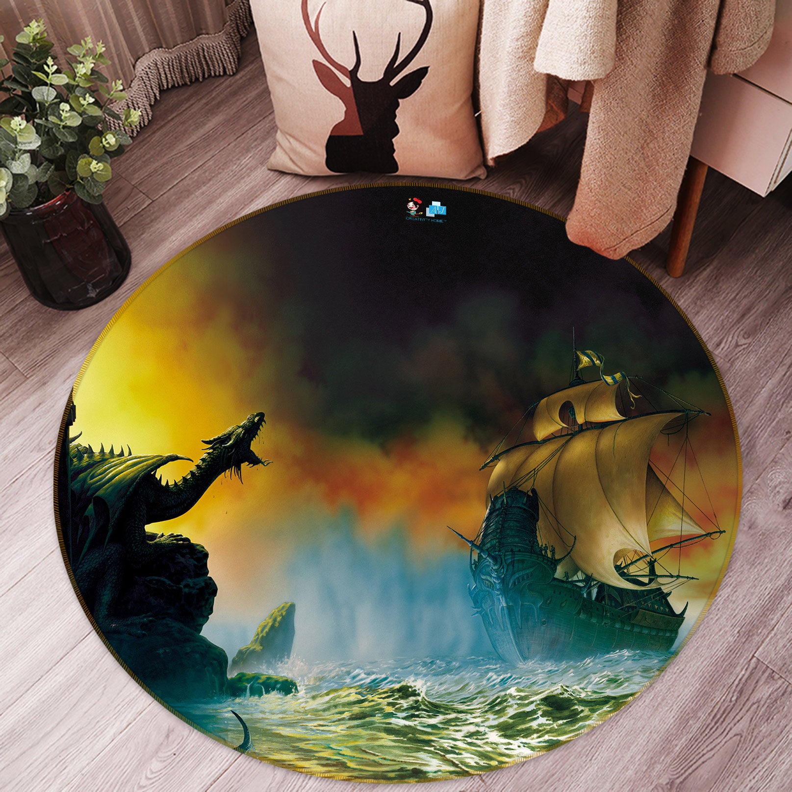 3D Ocean Sailboat Dragon 6065 Ciruelo Rug Round Non Slip Rug Mat