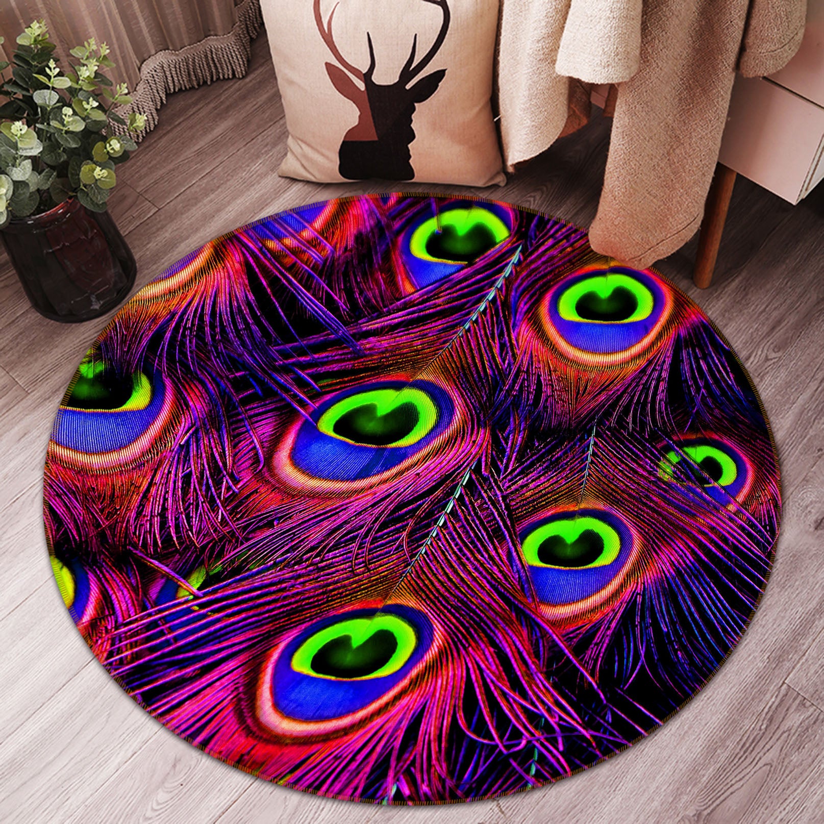 3D Color Peacock Feather 82025 Animal Round Non Slip Rug Mat