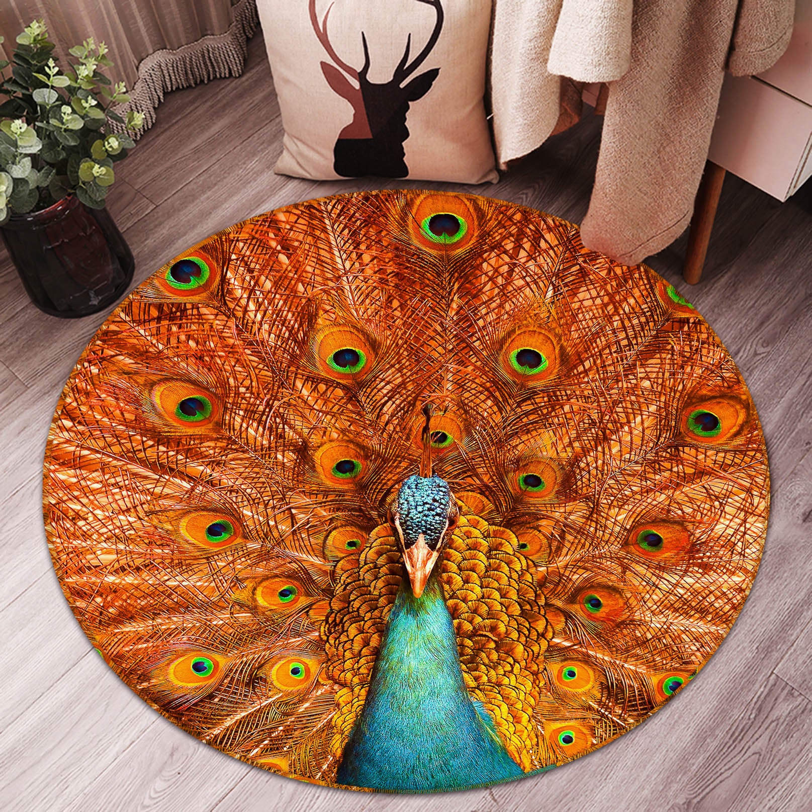 3D Peacock 37197 Animal Round Non Slip Rug Mat