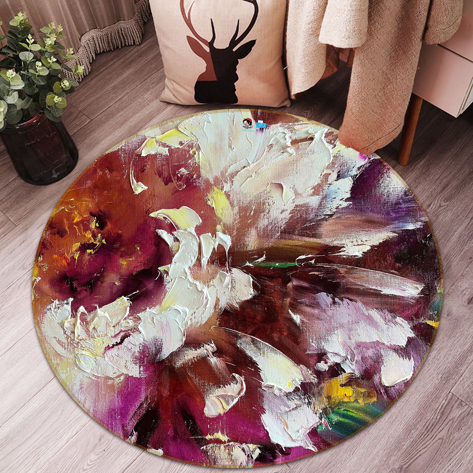 3D Flower Paint 735 Skromova Marina Rug Round Non Slip Rug Mat