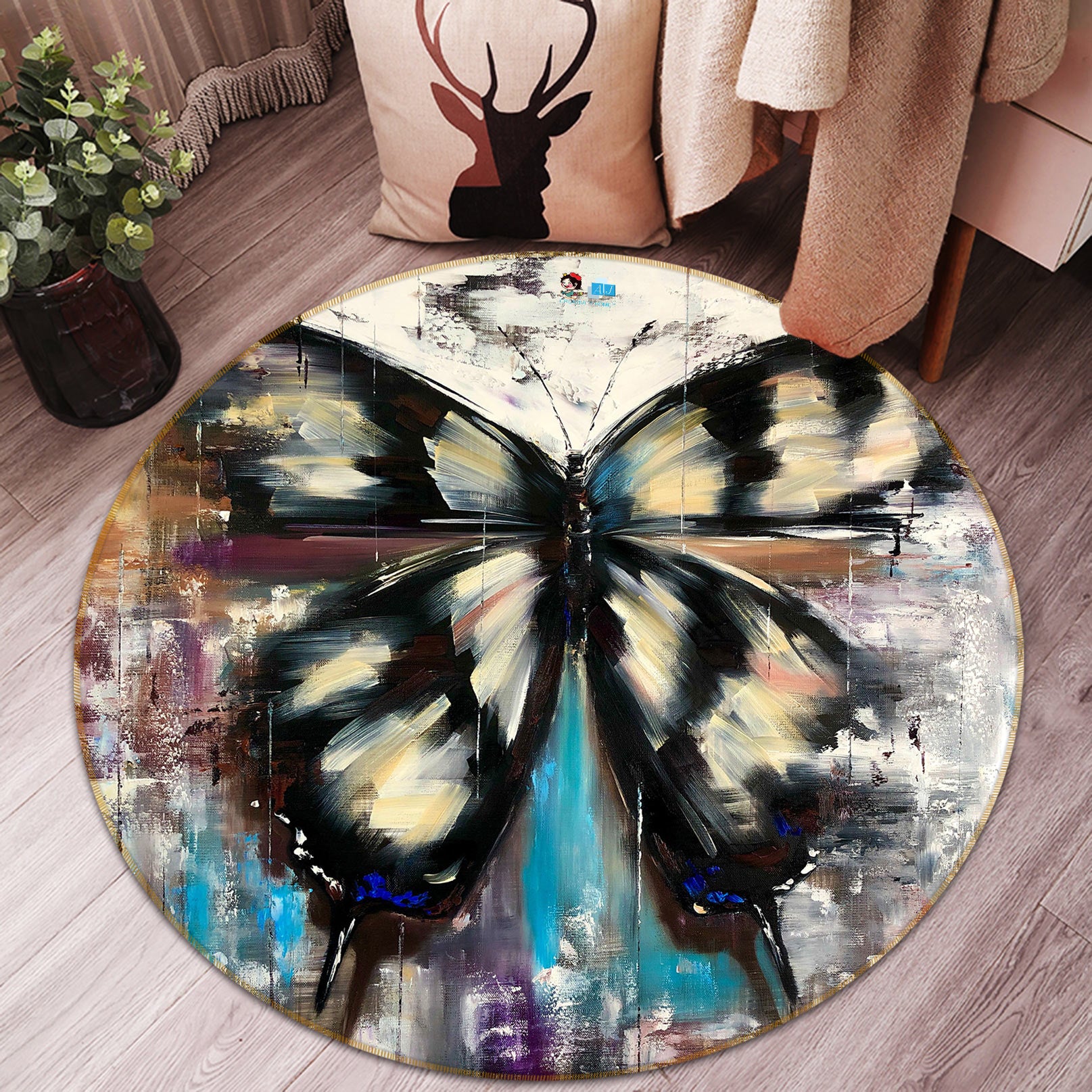 3D Black Butterfly 724 Skromova Marina Rug Round Non Slip Rug Mat