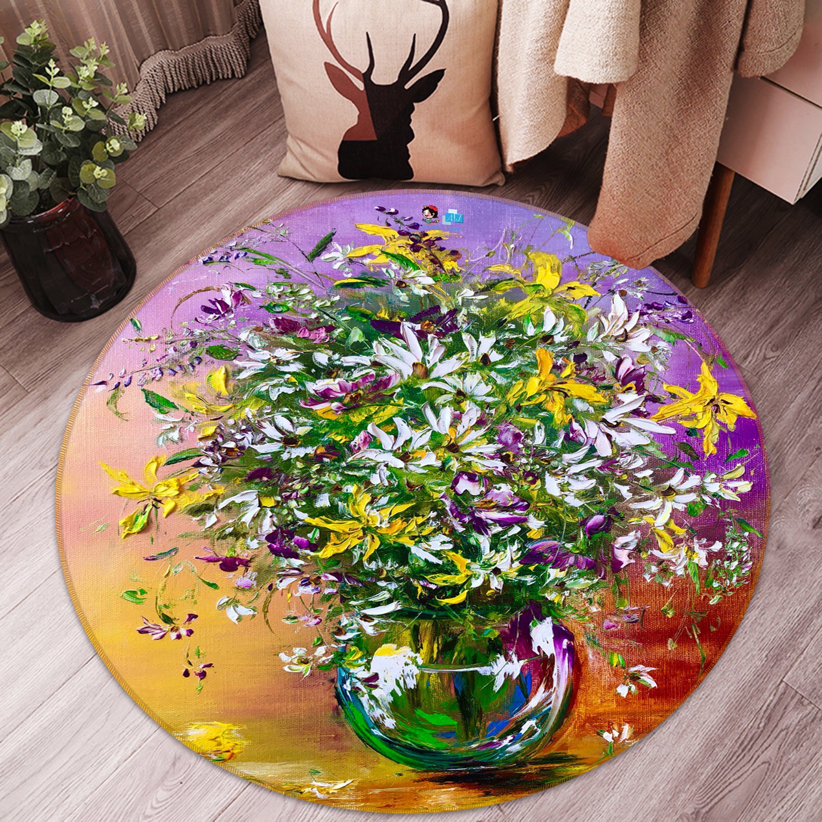 3D Colorful Bouquet 725 Skromova Marina Rug Round Non Slip Rug Mat