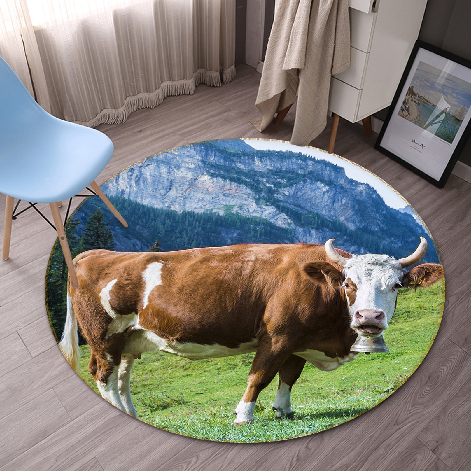 3D Cows Mountain Grass 82205 Animal Round Non Slip Rug Mat