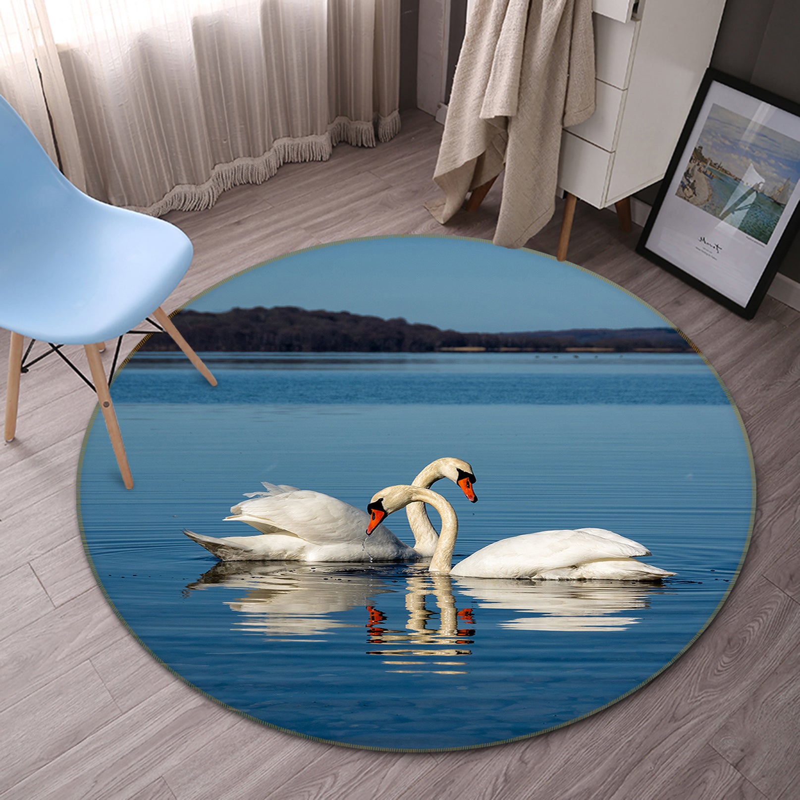 3D Swan Lake 82279 Animal Round Non Slip Rug Mat