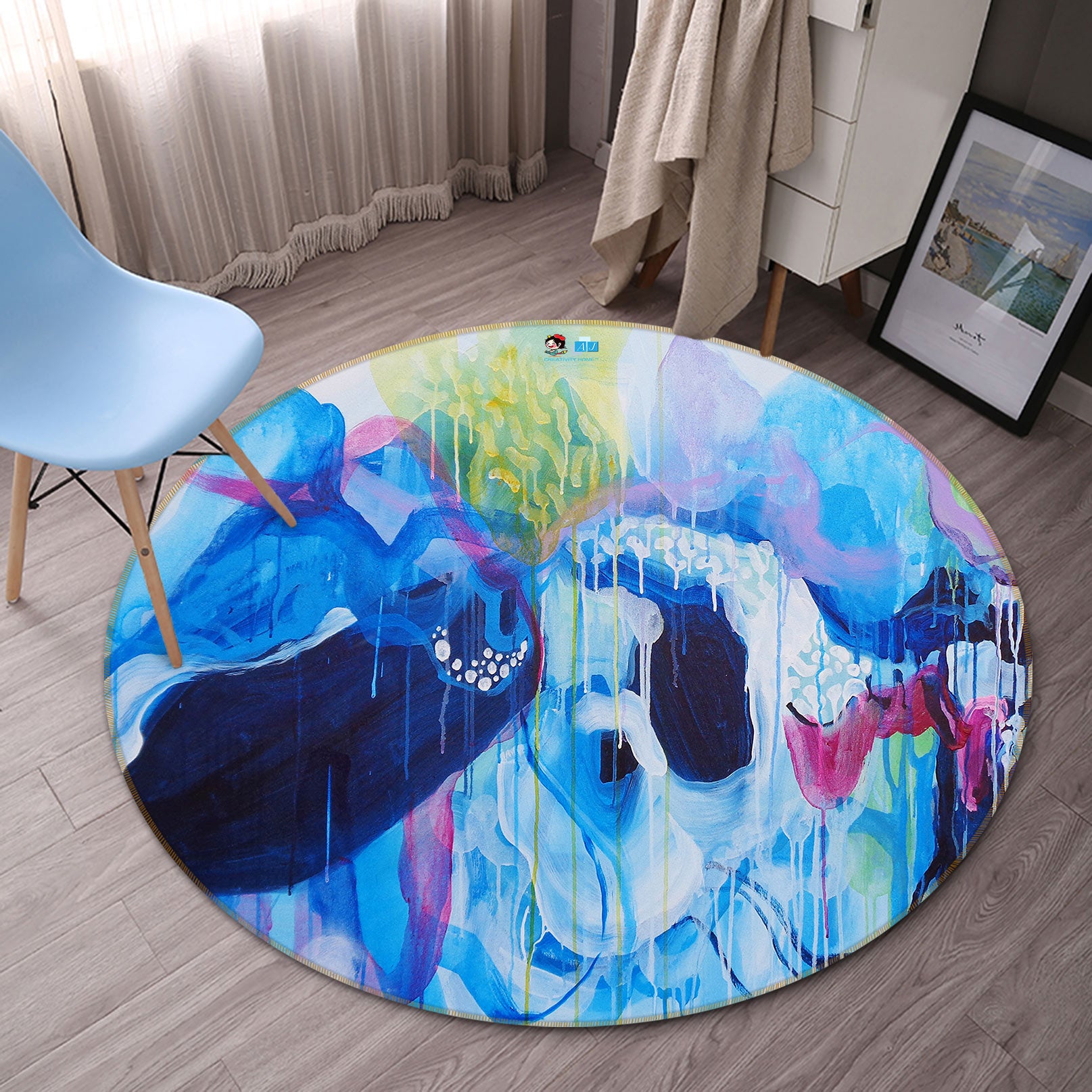 3D Blue Watercolor 1330 Misako Chida Rug Round Non Slip Rug Mat