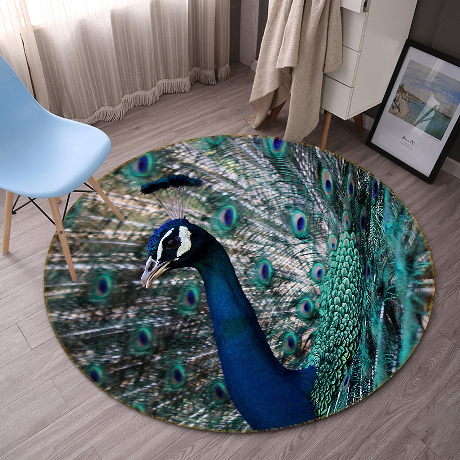 3D Peacock 82260 Animal Round Non Slip Rug Mat