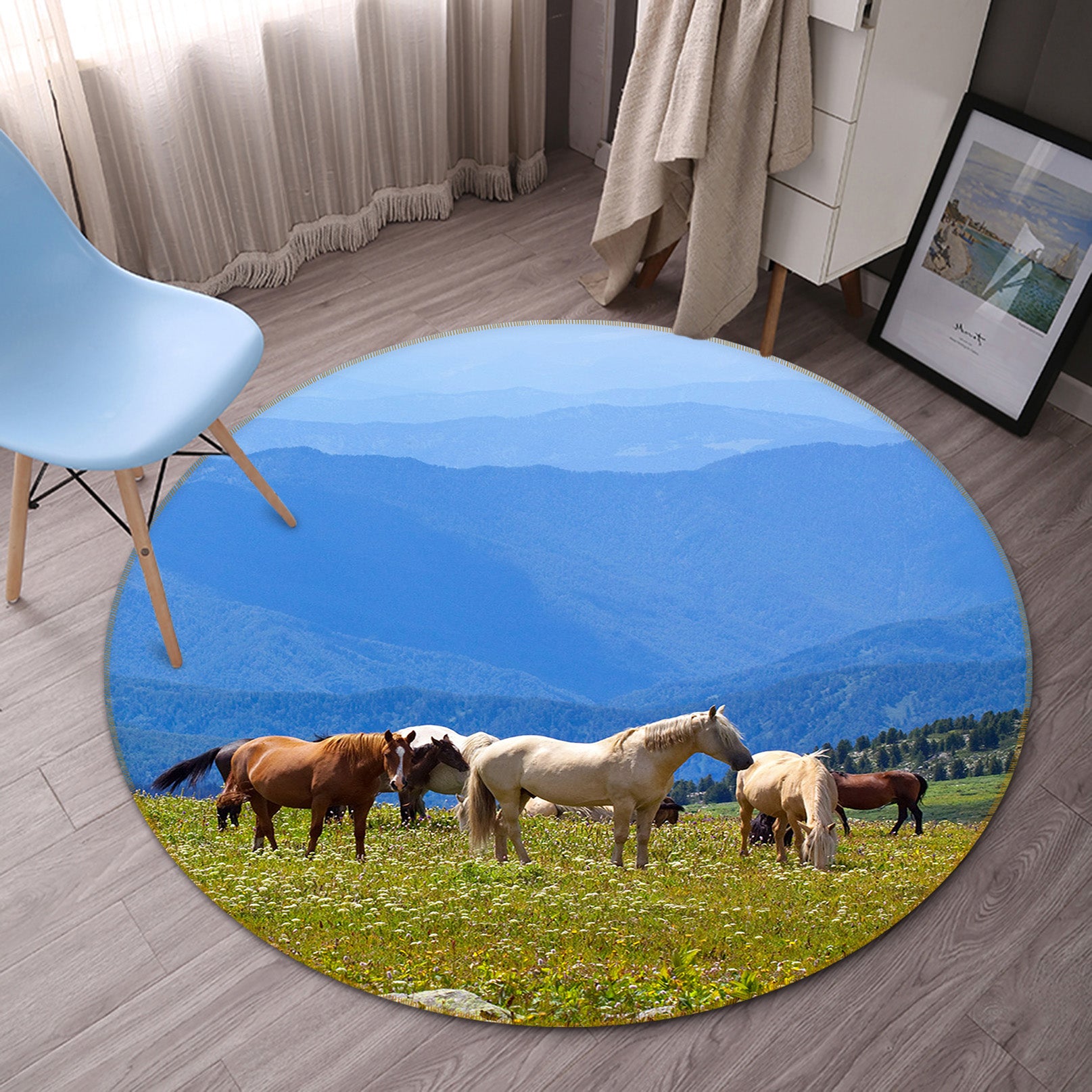 3D Horse Group Grass 82222 Animal Round Non Slip Rug Mat