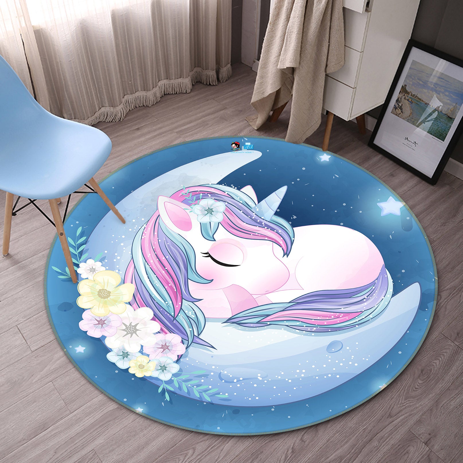 3D Moon Unicorn 75021 Round Non Slip Rug Mat