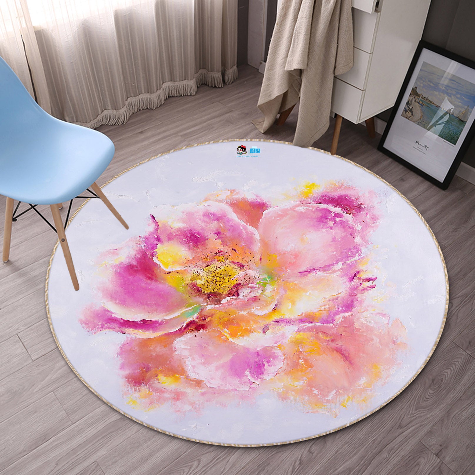 3D Watercolor Pink Flowers 868 Skromova Marina Rug Round Non Slip Rug Mat