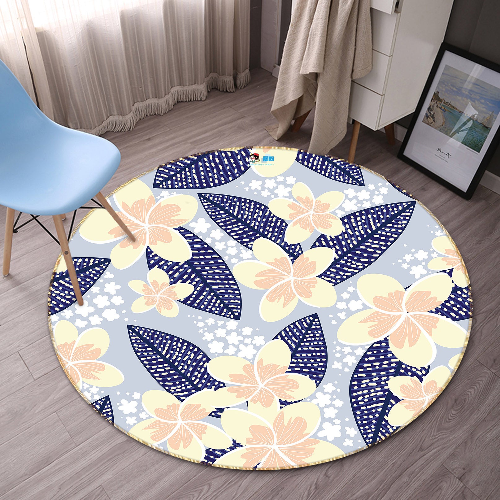 3D Yellow Flowers Dot Leaf 10510 Kashmira Jayaprakash Rug Round Non Slip Rug Mat