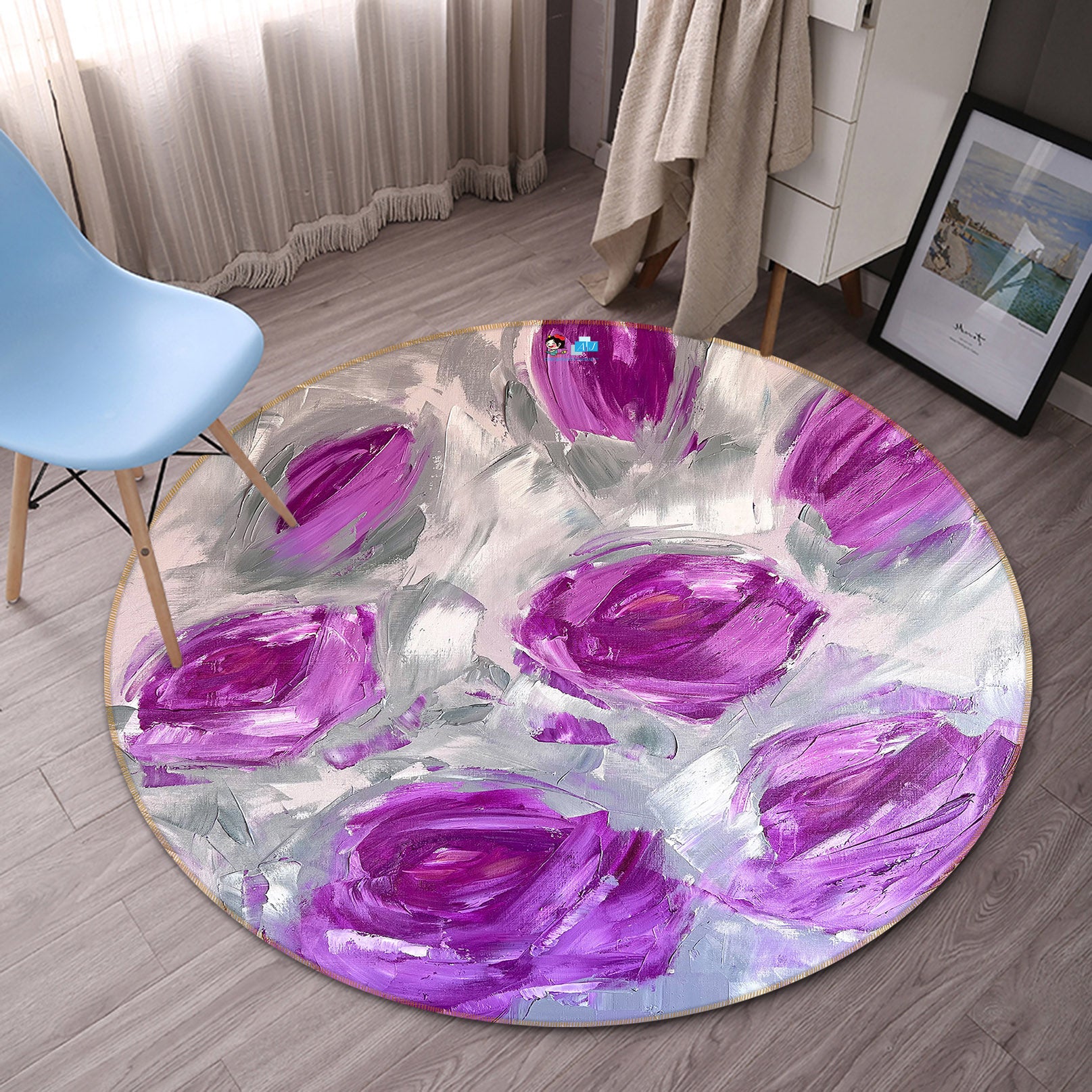 3D Purple Rose 3893 Skromova Marina Rug Round Non Slip Rug Mat