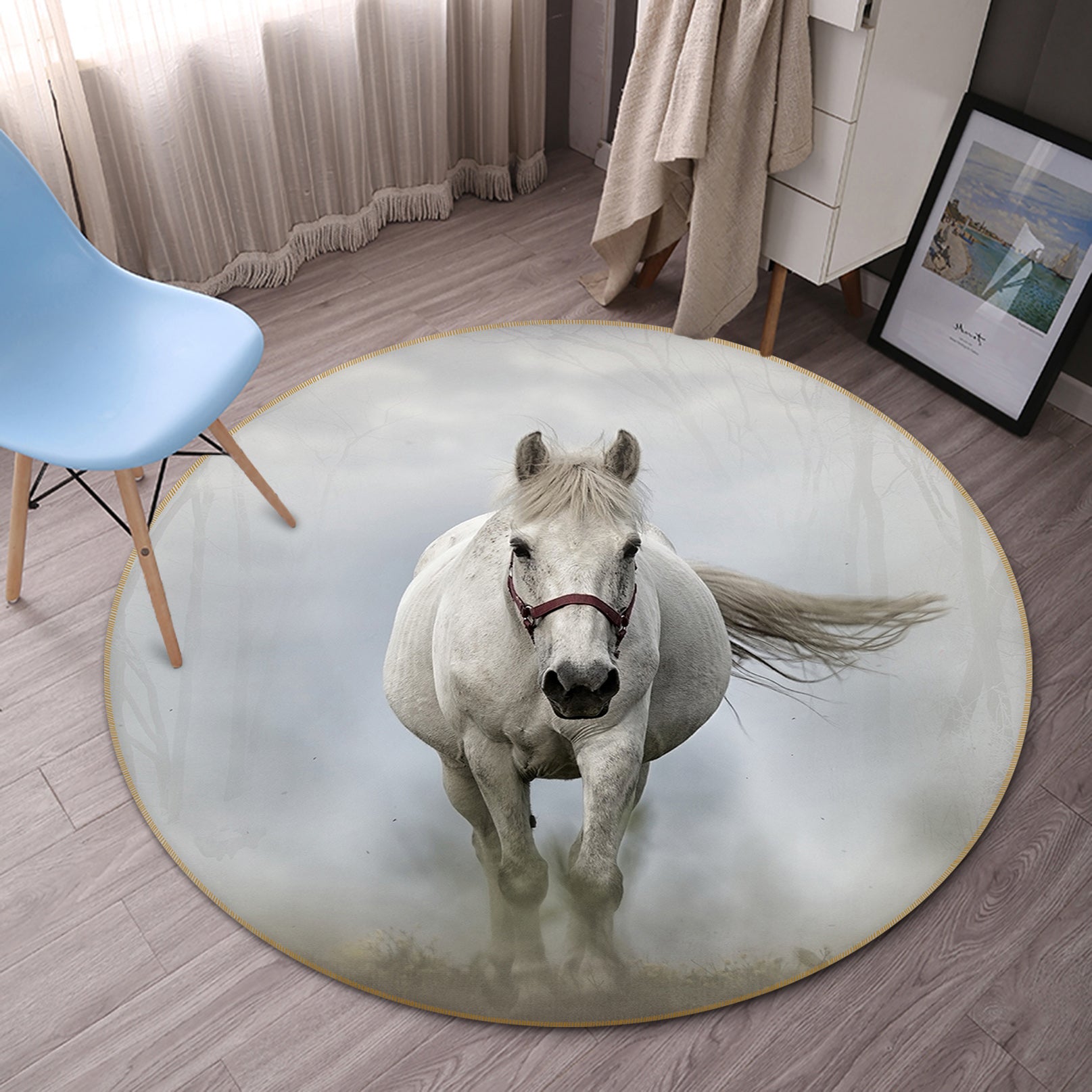 3D White Horse 82238 Animal Round Non Slip Rug Mat