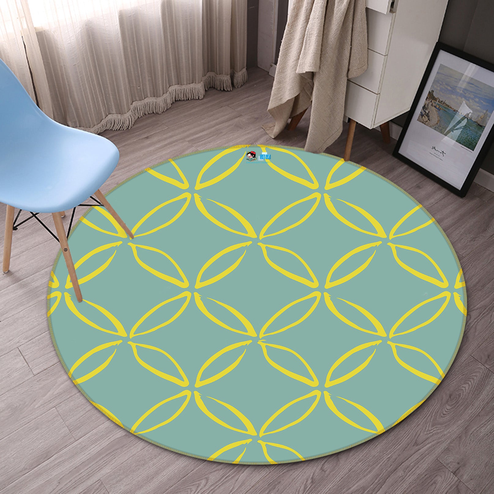 3D Yellow Line Circle Texture 10502 Kashmira Jayaprakash Rug Round Non Slip Rug Mat