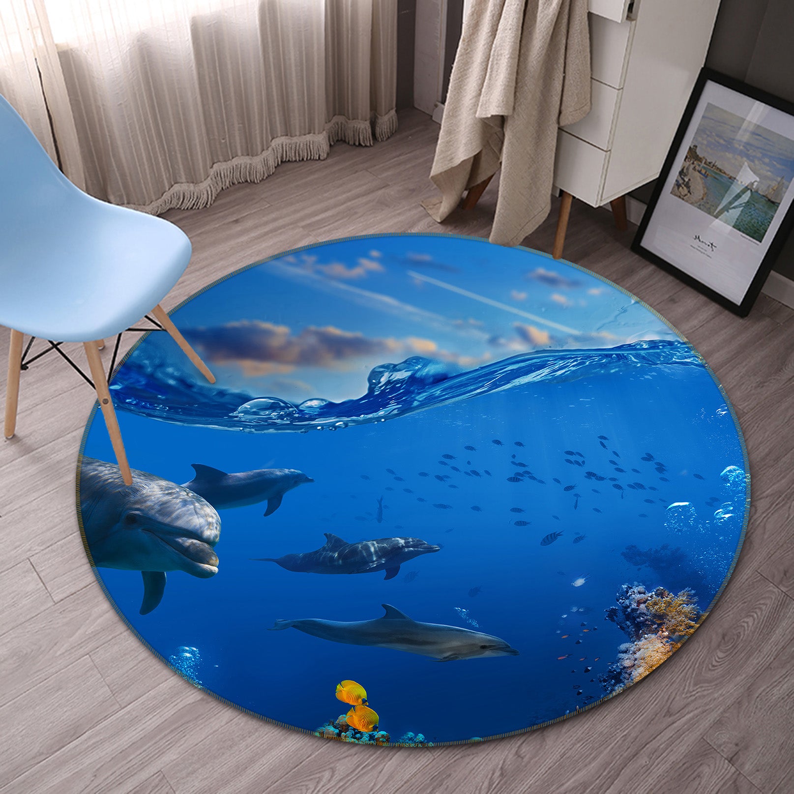 3D Seabed Dolphin 38088 Animal Round Non Slip Rug Mat