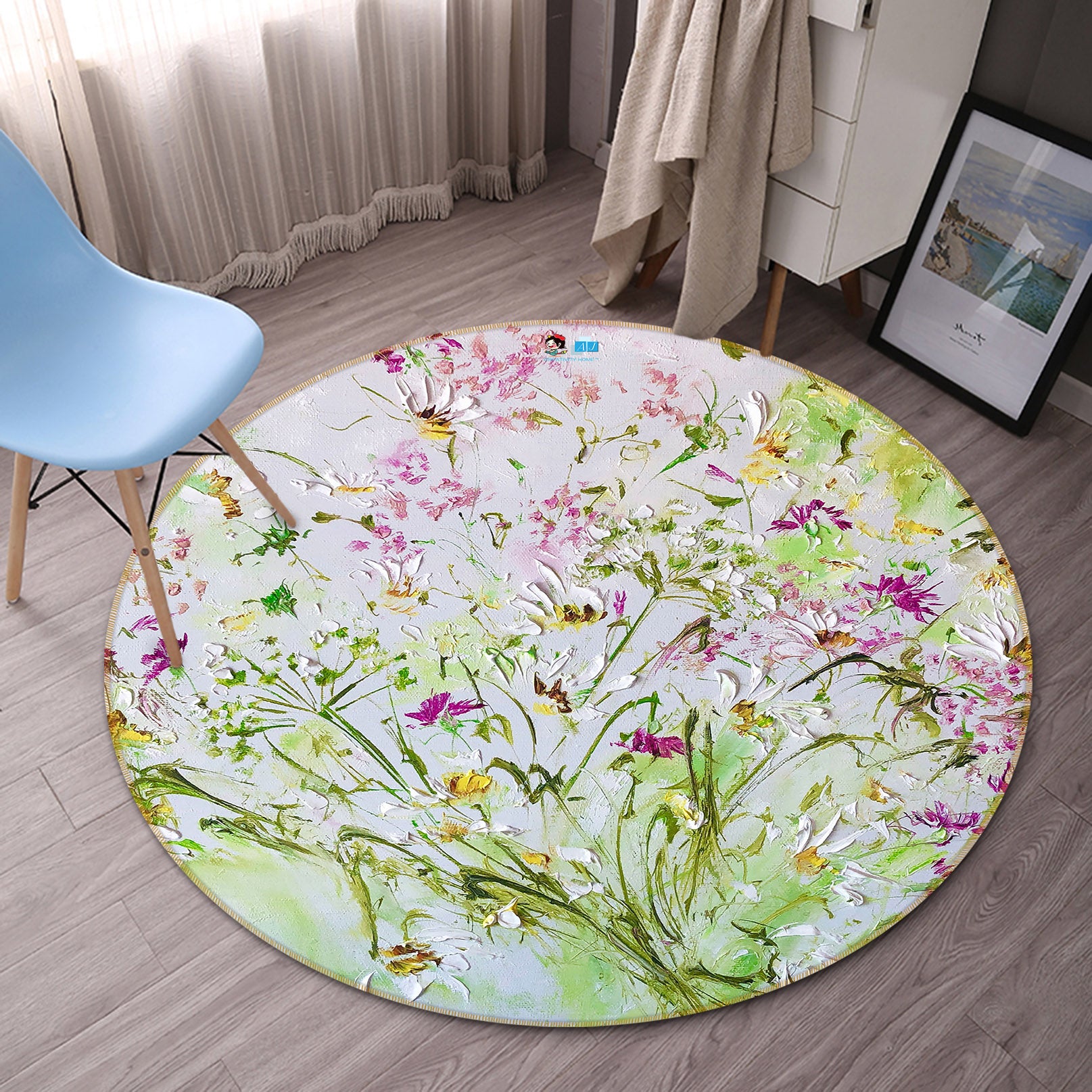 3D Watercolor Pink Flowers 821 Skromova Marina Rug Round Non Slip Rug Mat