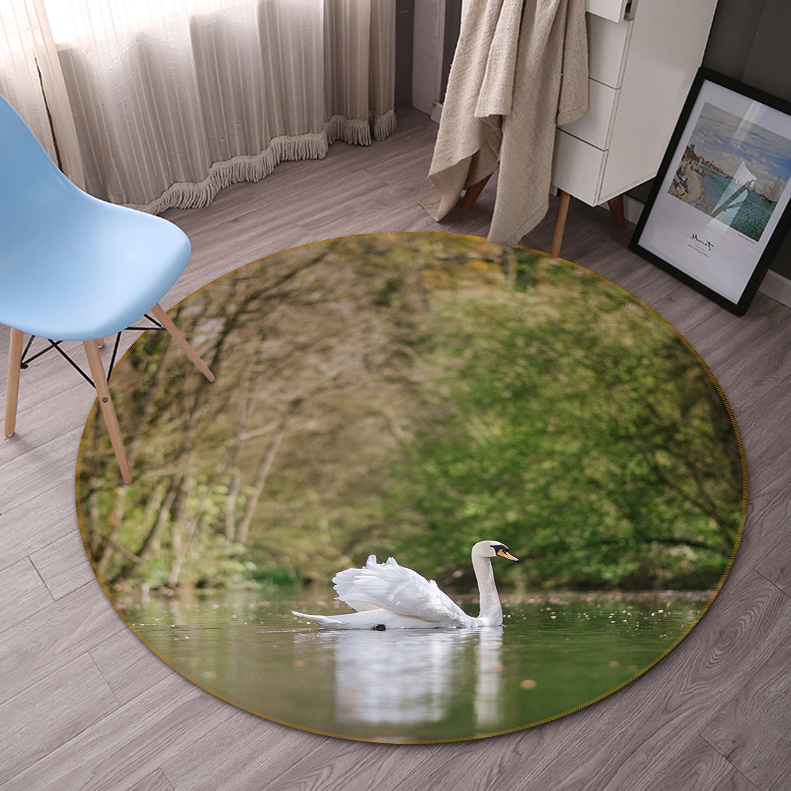 3D White Swan British Lake 82287 Animal Round Non Slip Rug Mat